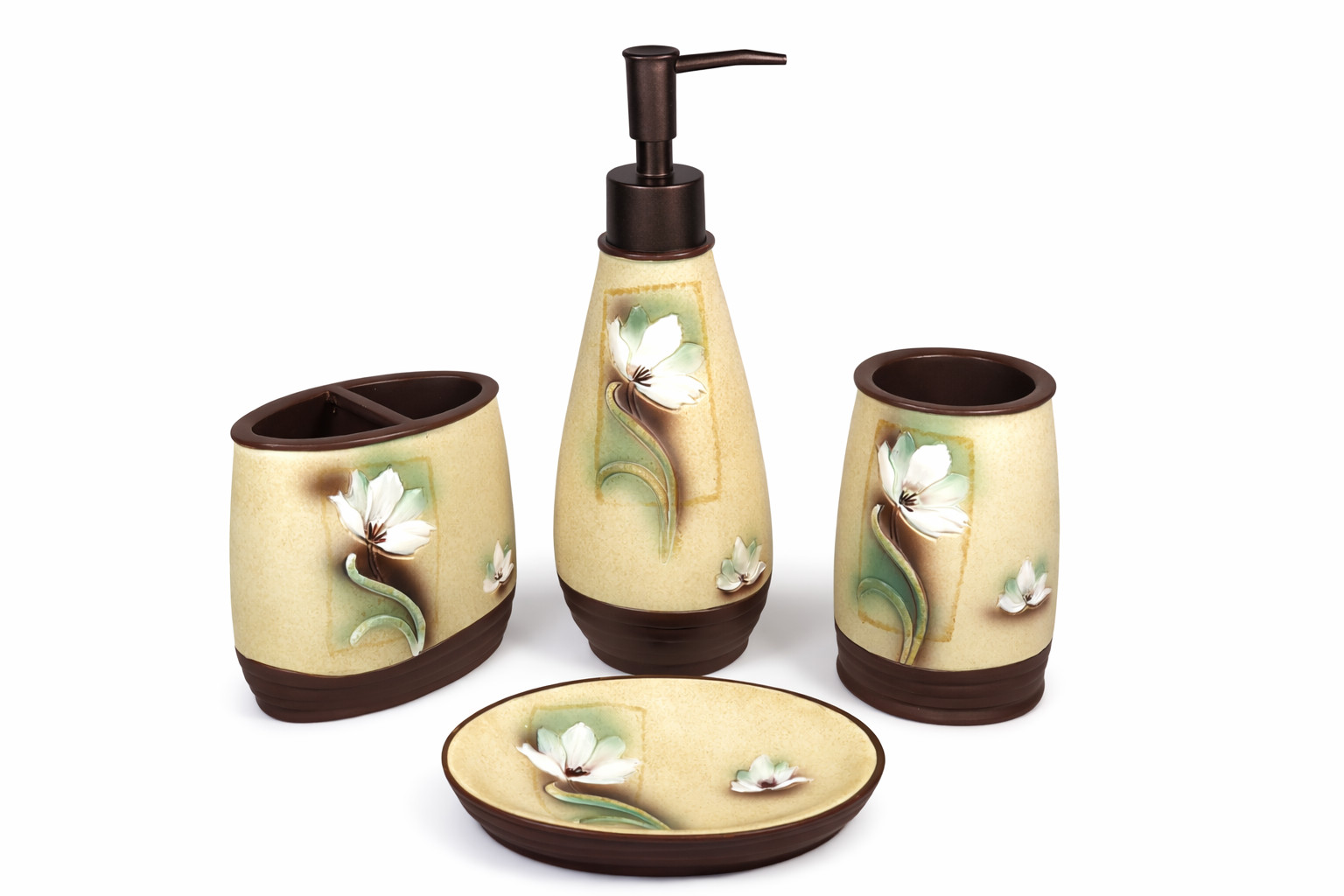4pc Floral Bathroom  decor Set Soap Dispenser & dish toothbrush Holder Tumbler