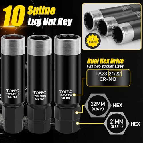 Topec 11PCS Master Lug Nut Key Set Spline Spike Hex