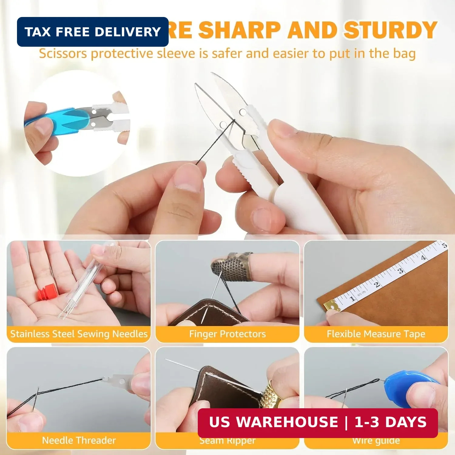 43Pcs Stainless Steel Sewing Kit for Adults - Big Eye Hand Sewing Needles with T