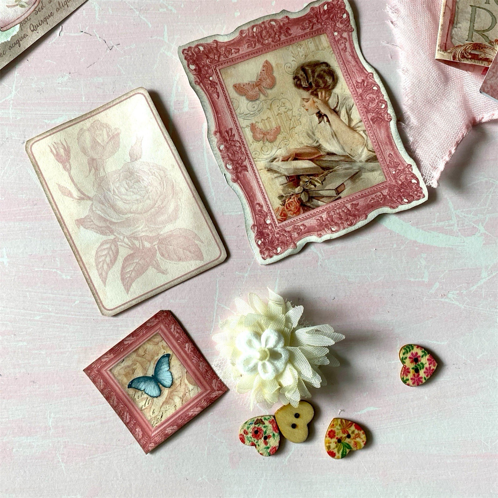 10pc Shabby Chic Handmade Junk Journal Making Kit Ephemera, Lace, Cards, Pockets