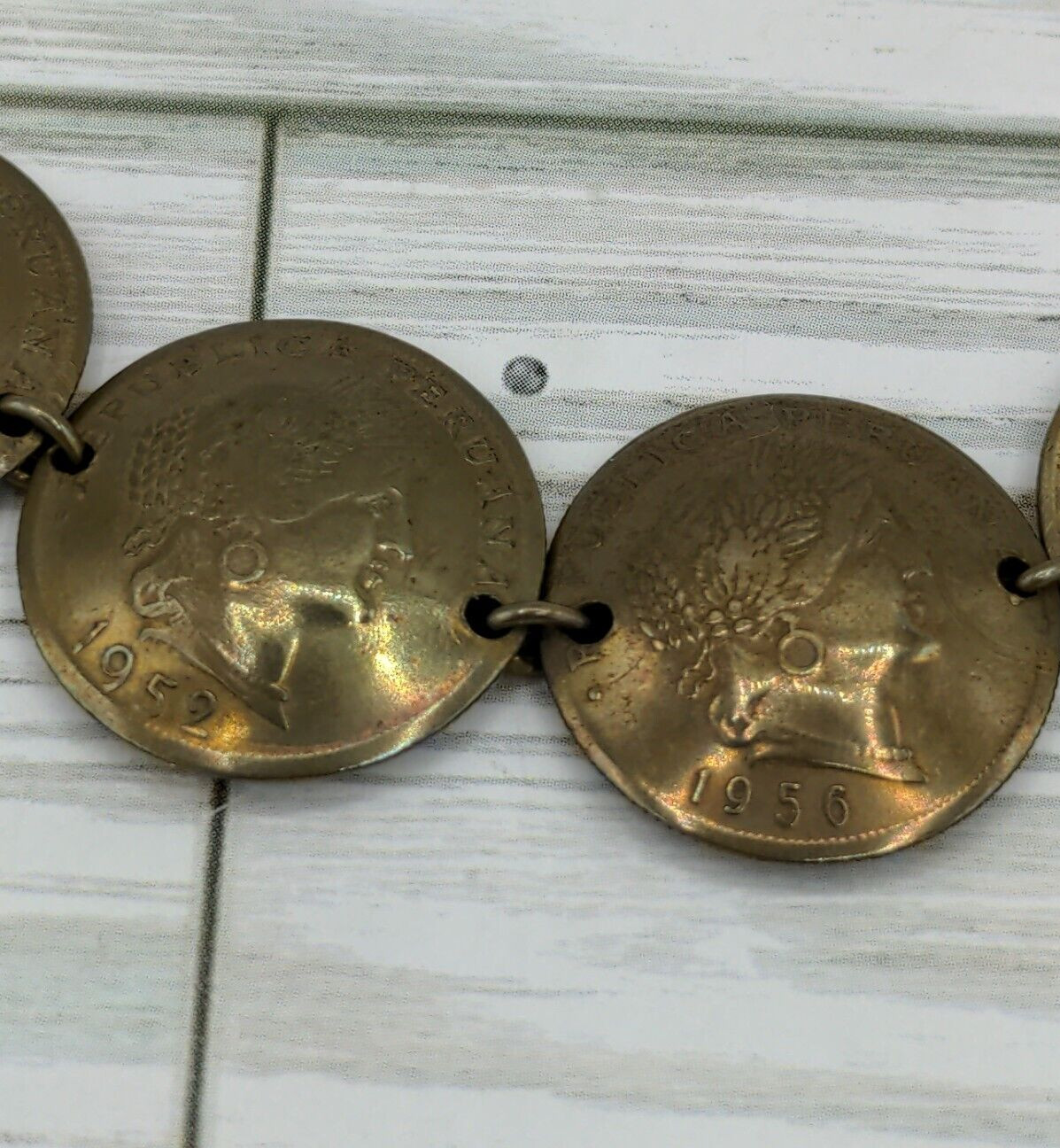 Vintage Peru Brass Coin Bracelet Souvenir Peruvian