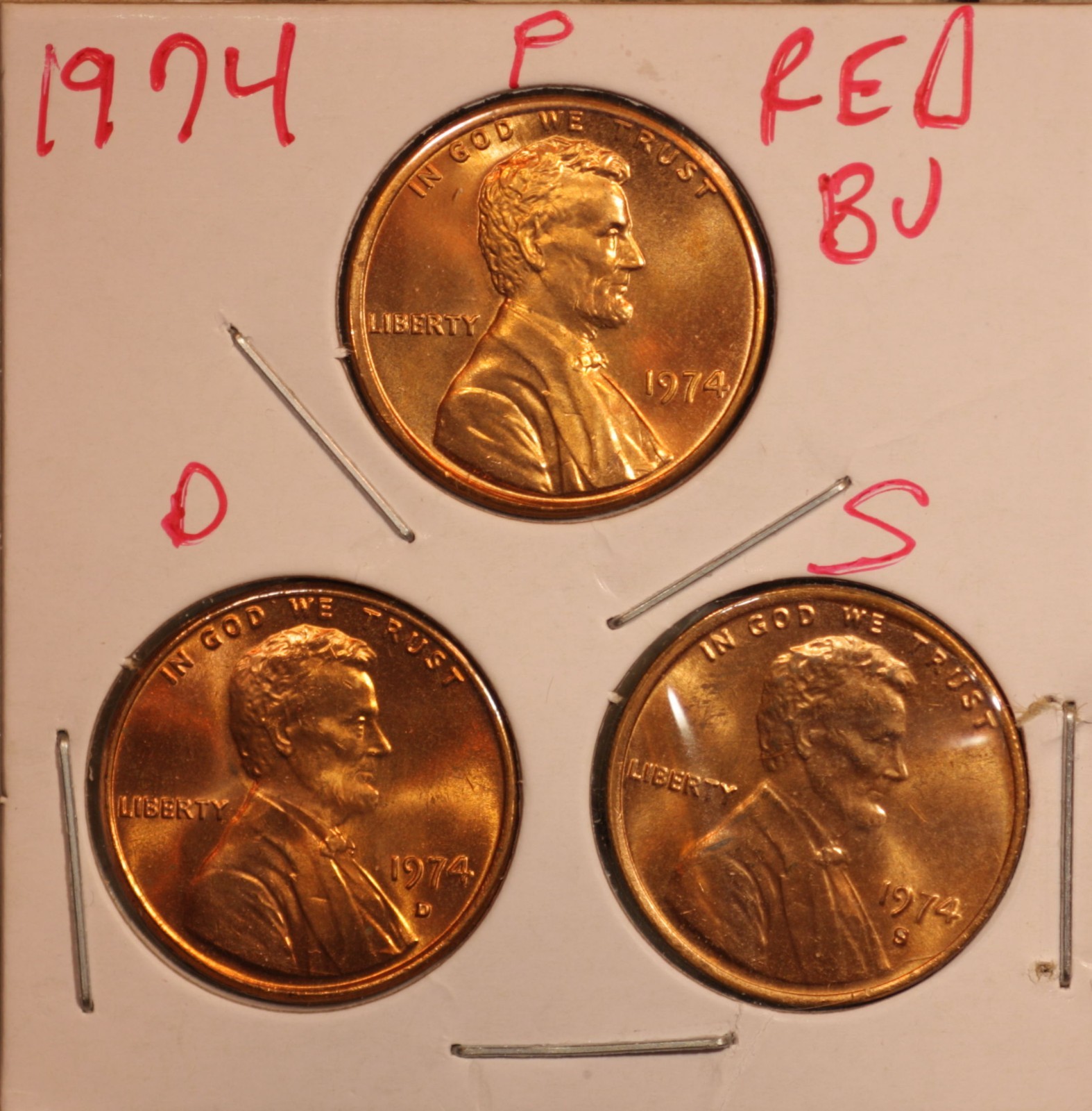 1974 P D S  LINCOLN MEMORIAL CENT PENNIES 1C RED BU SET (3 COINS)