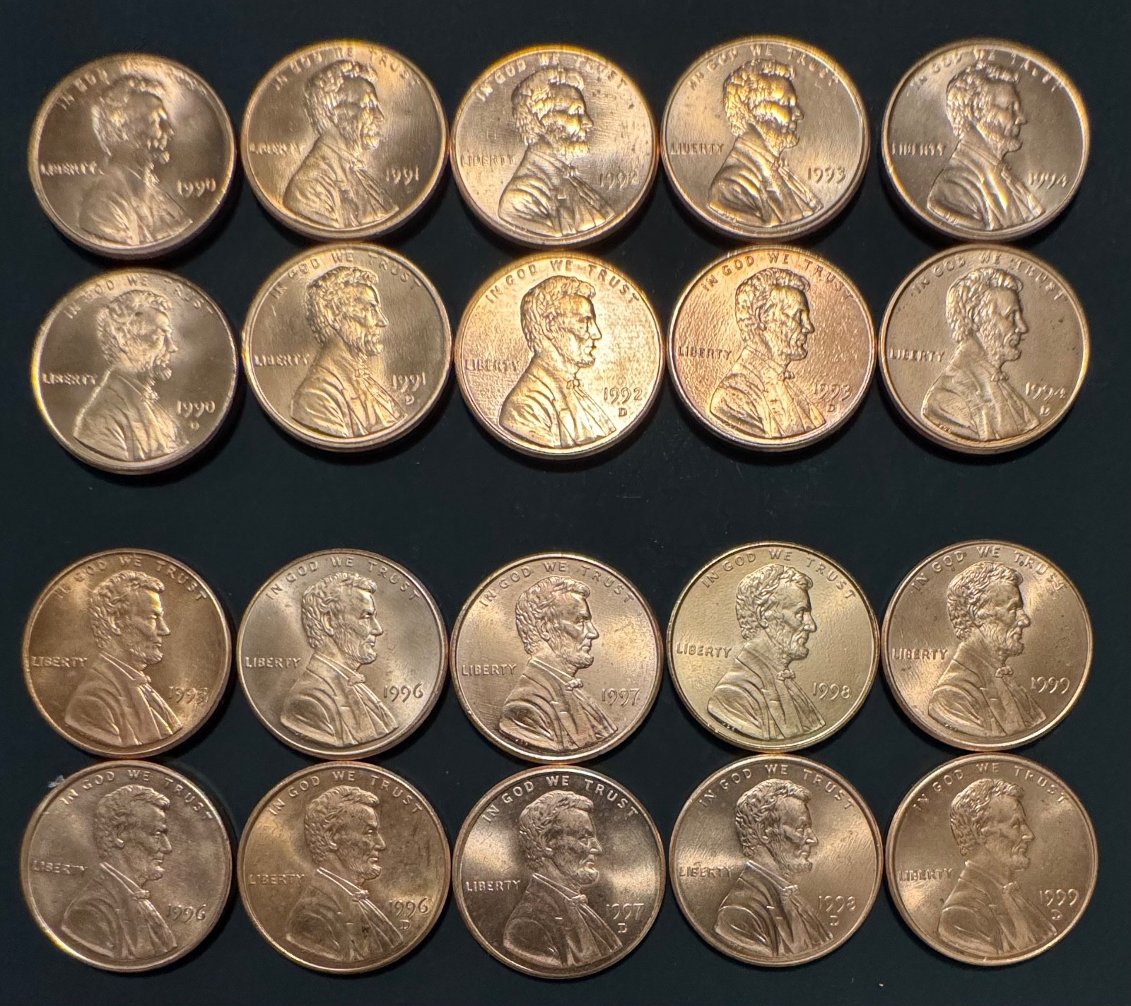 1990-1999 Lincoln Memorial Cent P D Uncirculated BU 20 Coin Lot From Rolls
