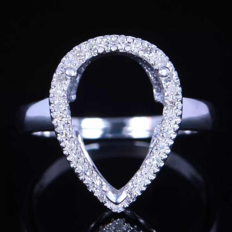14x9mm Pear Semi Mount Ring Teardrop Halo Prong Set 925 Sterling Silver Ring