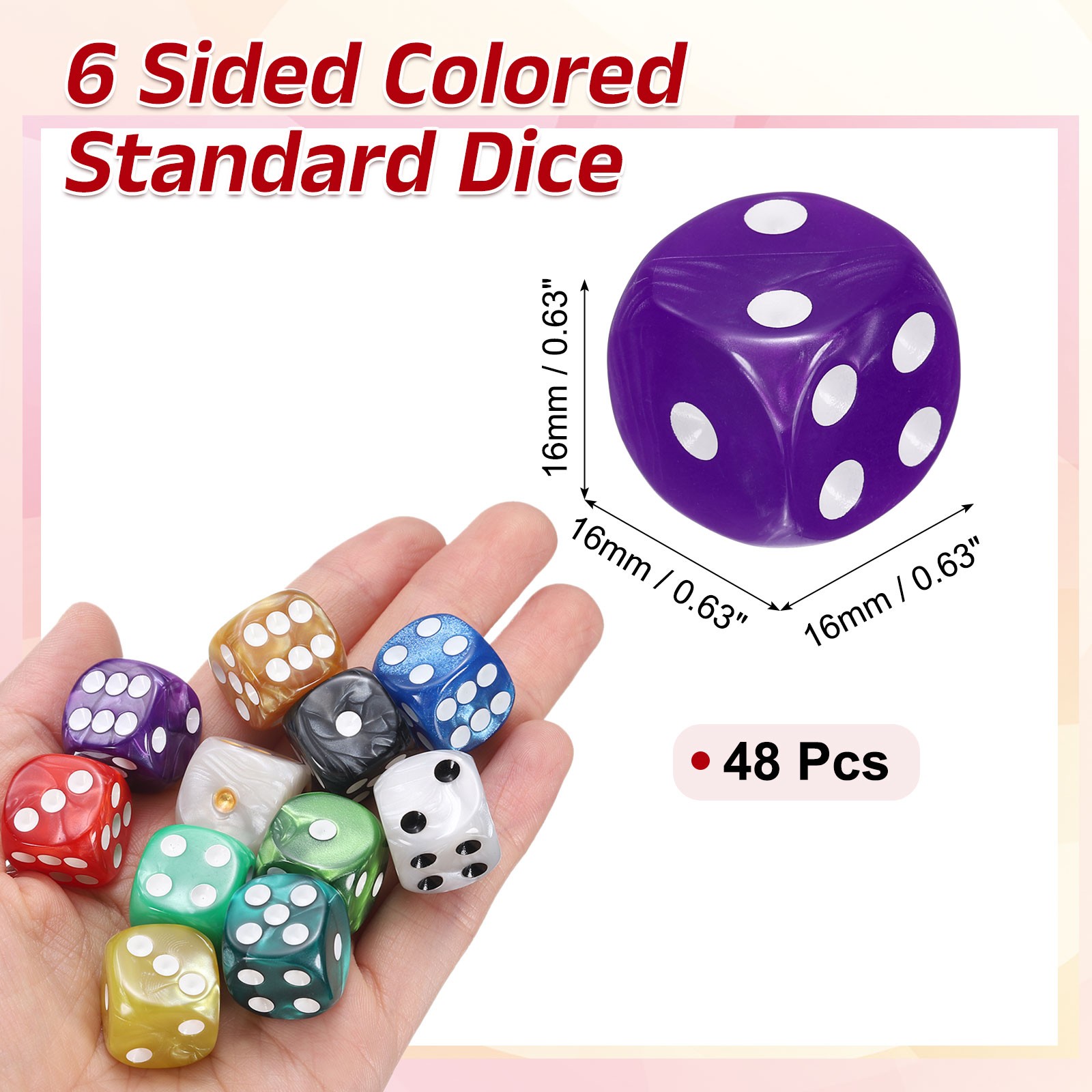 48Pcs 6 Sided Colored Standard Dice, Acrylic D6 Pearl Pattern Dice, Purple