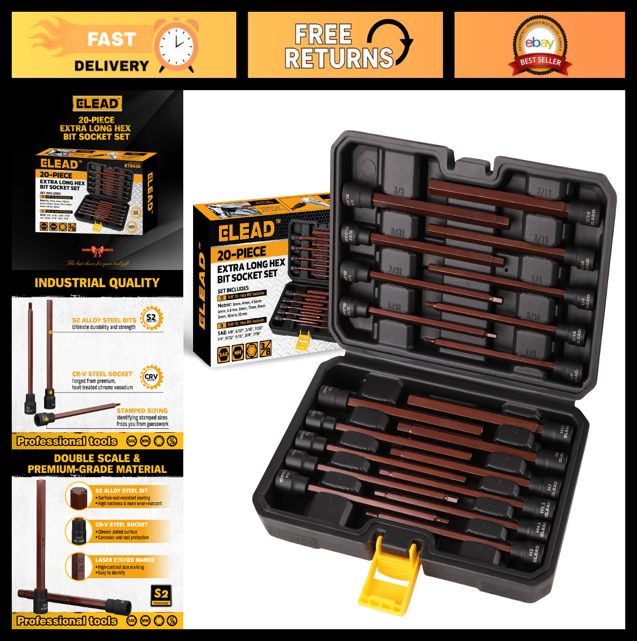 20-Piece Extra-Long Hex Bit Socket Set 3/8" Drive, 150mm S2 Steel, SAE & Metric