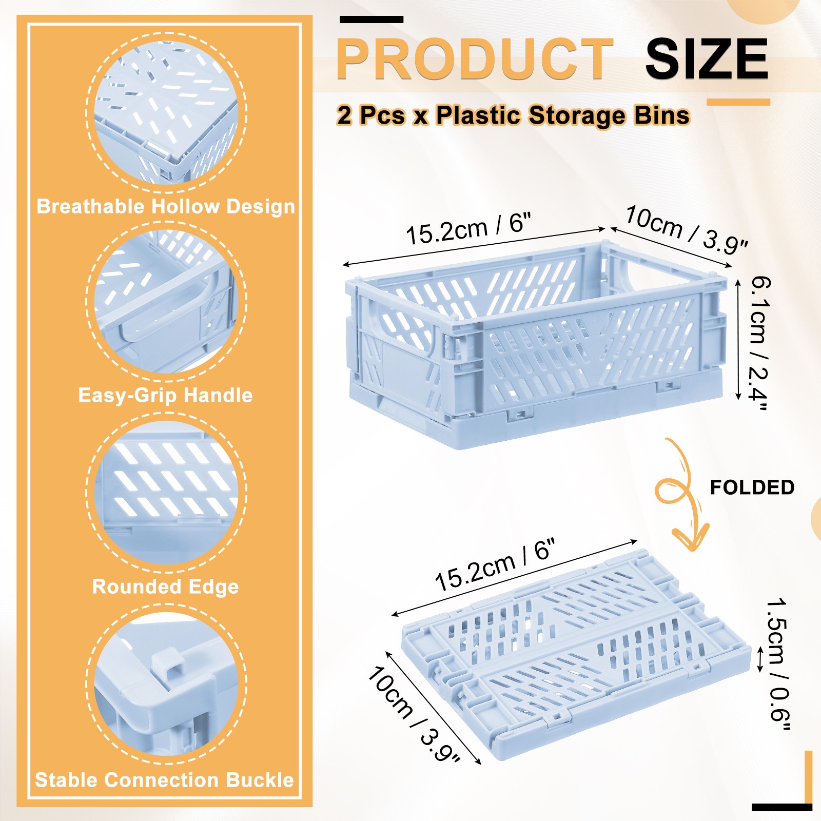 2Pcs Plastic Storage Baskets Stackable Bins 6 x 3.9 x 2.4" Light Blue
