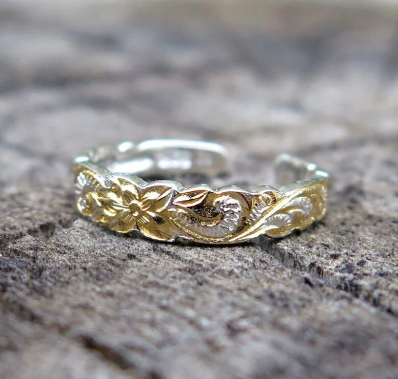 Hawaiian 925 Silver Scrolling Cut Out Toe Ring 4mm Yellow Gold Plated TR1042