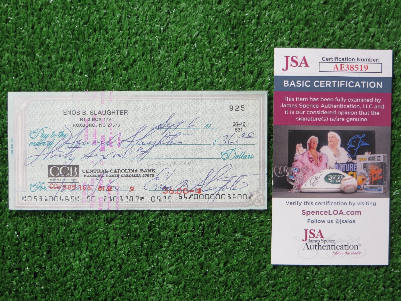 ENOS SLAUGHTER SIGNED PERSONAL CHECK to Howard Slaughter ST. LOUIS CARDINALS JSA
