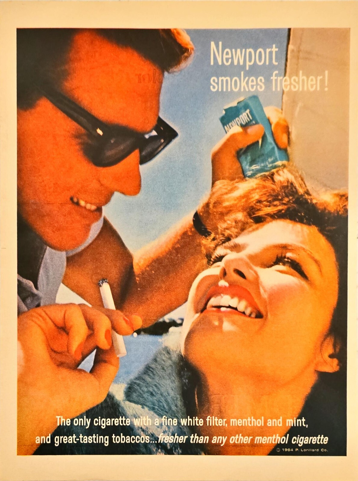 Newport cigarettes ray bans couple smokes fresher-1964 Vintage Print Ad