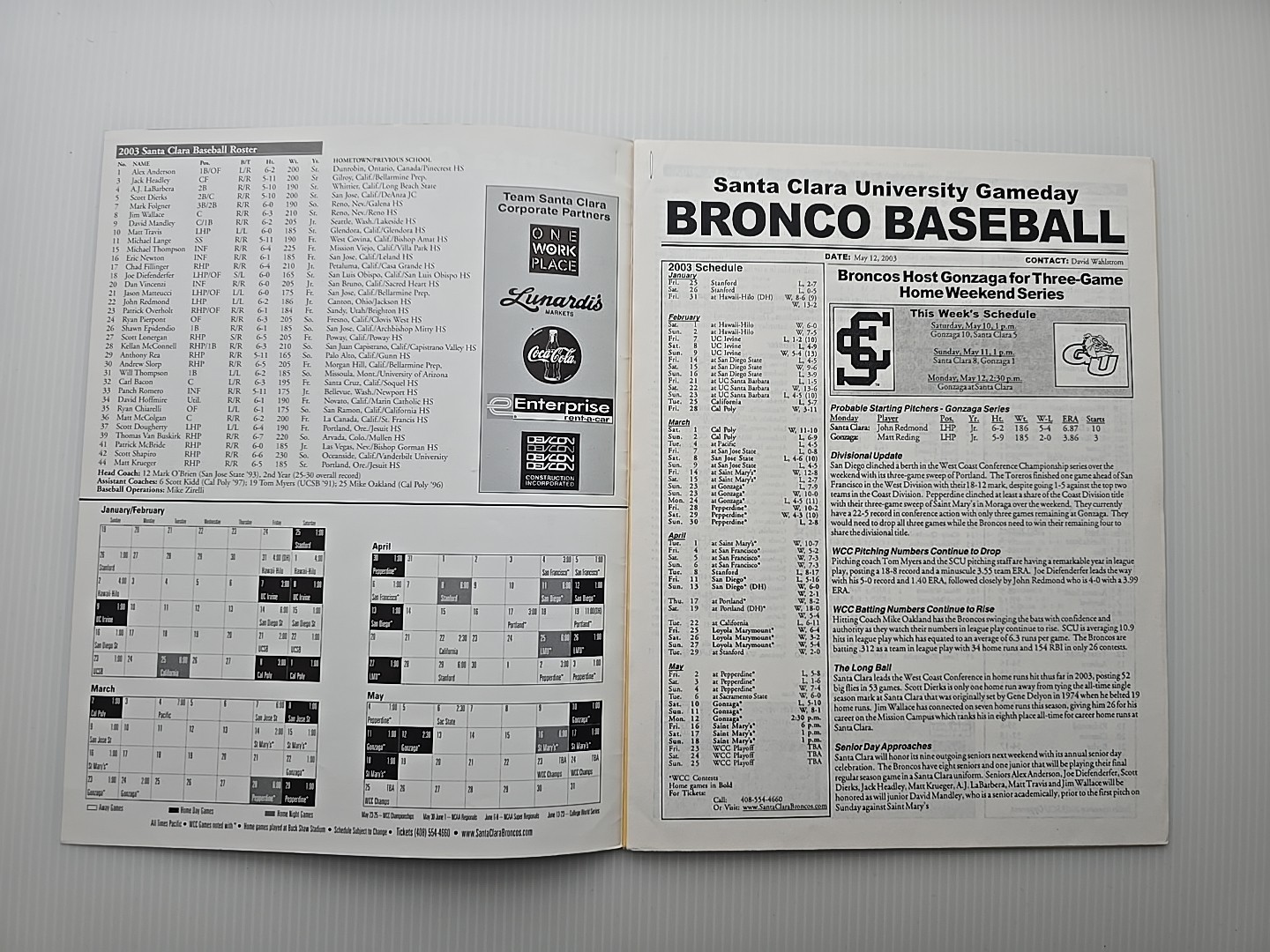 Santa Clara University Broncos Baseball 2003 + 2005 Programs with Autographs SCU