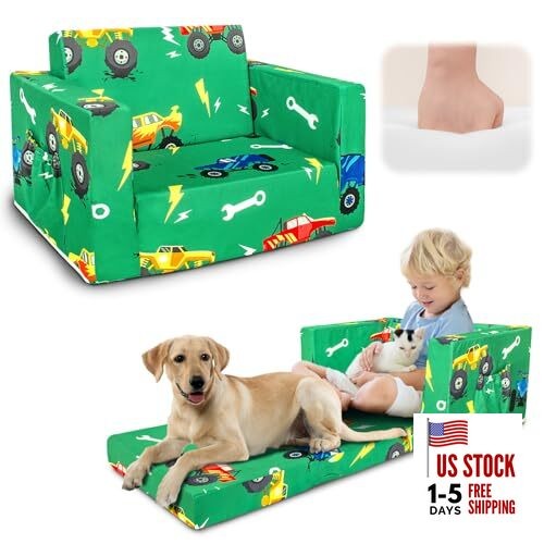 Kids Couch, 2-in-1 Kids Fold Out Sofa, Convertible Toddler Green Monster Trunk