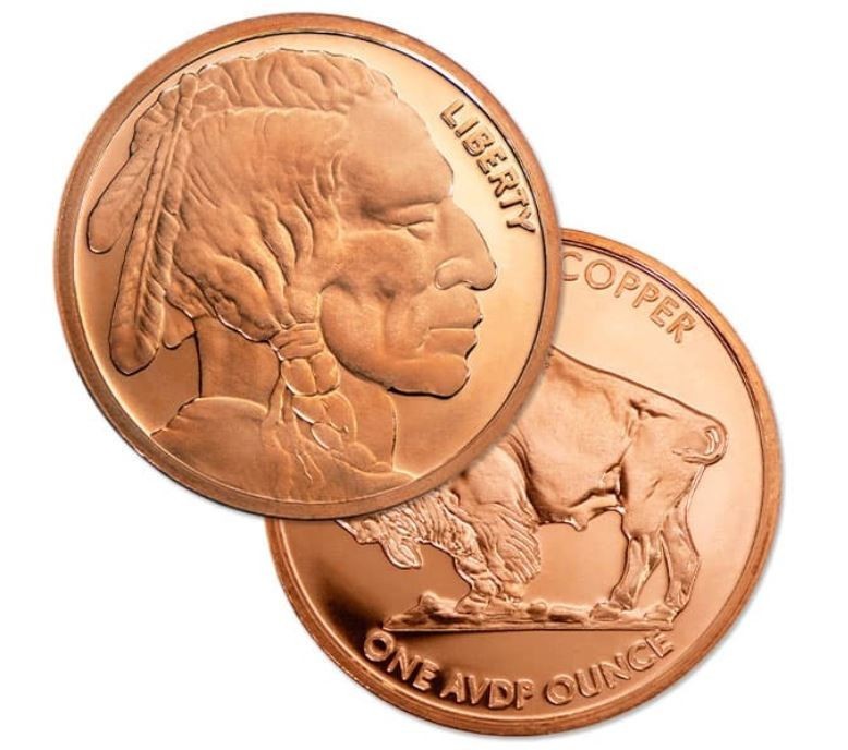 1 Oz. Solid .999 Fine Copper Round - Buffalo Nickel Design -