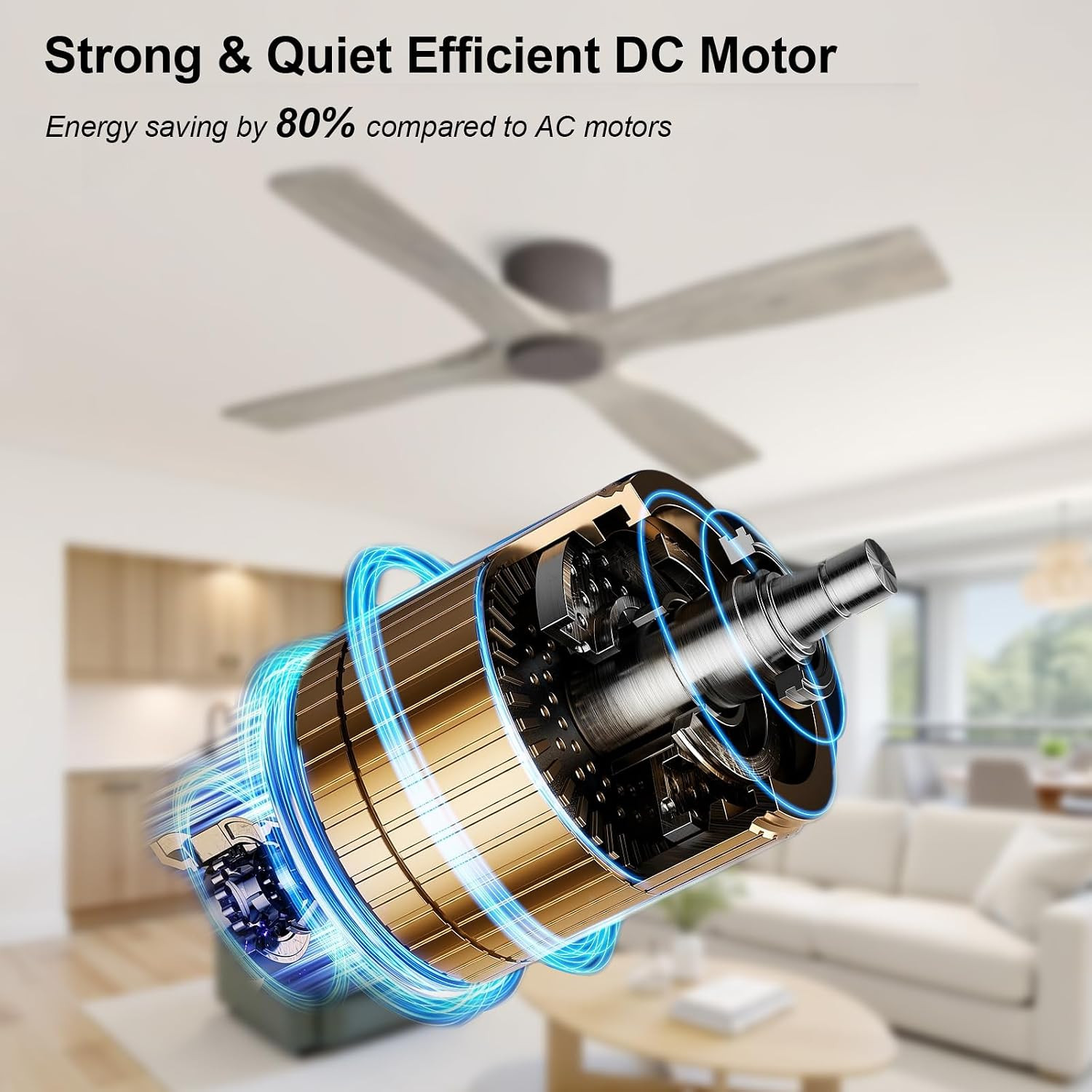 54" Ceiling Fan without Lights -Modern Low Profile Flush Mount Ceiling Fan, 6-Sp