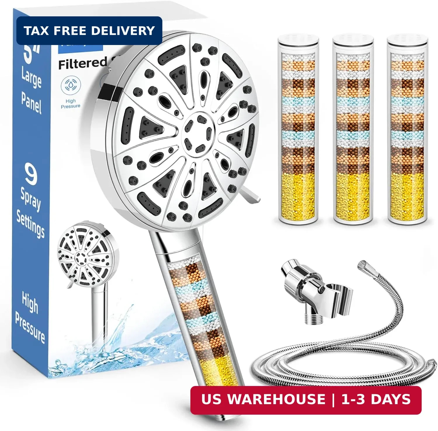 Filtered Handheld Shower Head, 9 Spray Modes High Pressure, 3 Replacement Filter