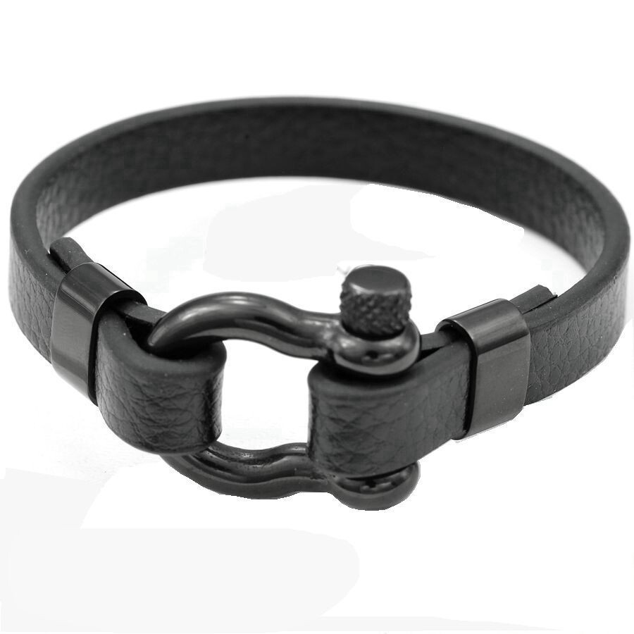 Men's 8" Black Stainless Steel,HorseShoe Leather.Bracelet*Unisex-BOX