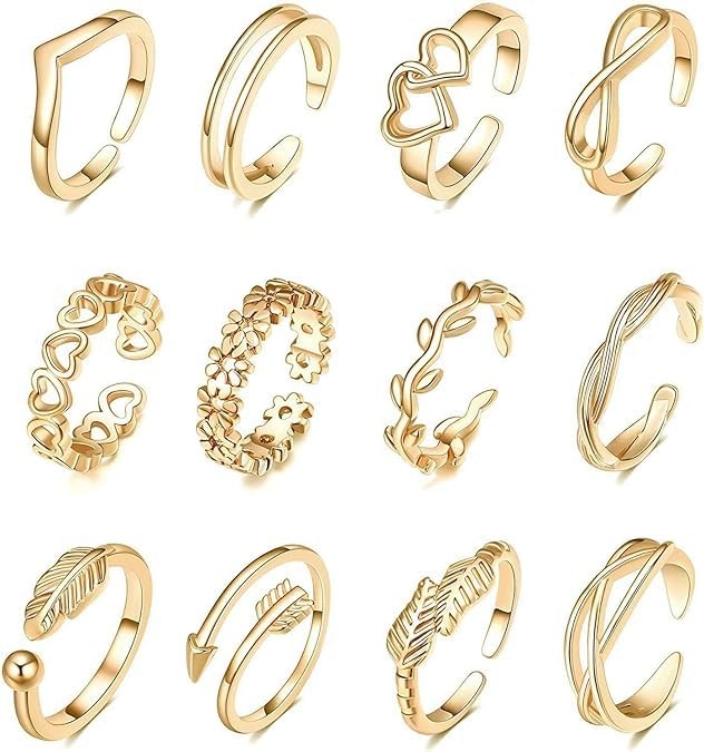 12PCS Gold Plated Toe Rings for Adjustable Open Toe Rings Set Foot Ring Set P...
