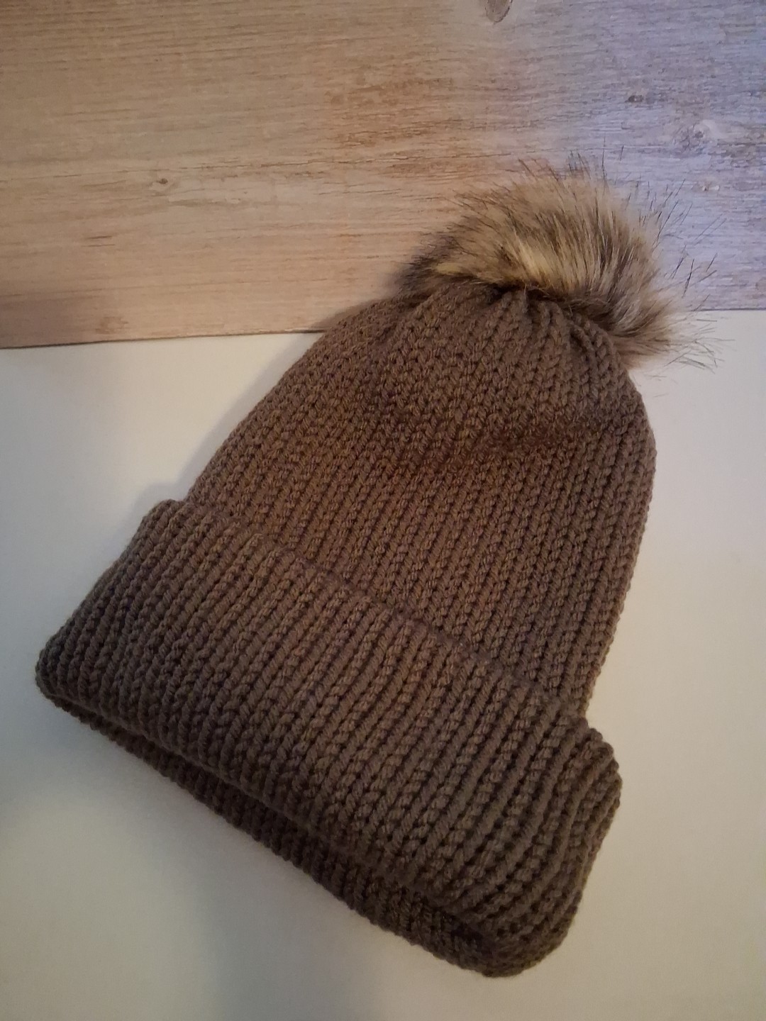 Hand Knit Winter Hat Brown With Pompom