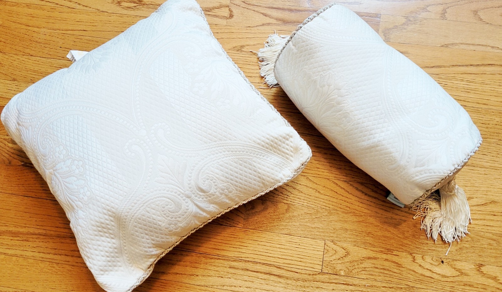 2-Christopher Lowell Bed Pillows~ Ivory Color~Square,Cylinder~ Tassels~Textured