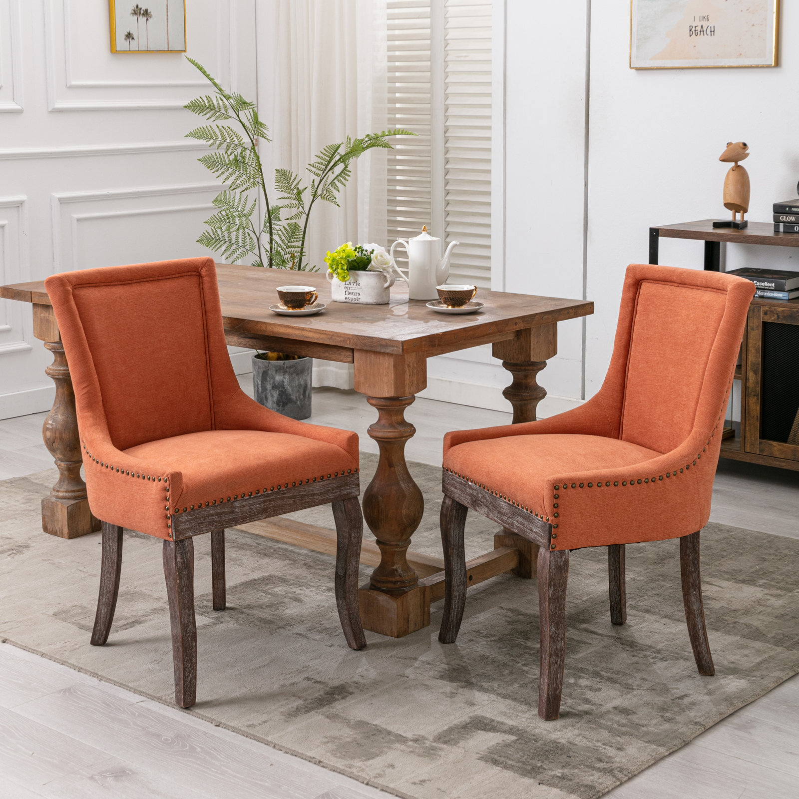 Set of 2 Fabric Dining Room Chairs Kitchen W/Bronze nail head Wooden Legs Orange