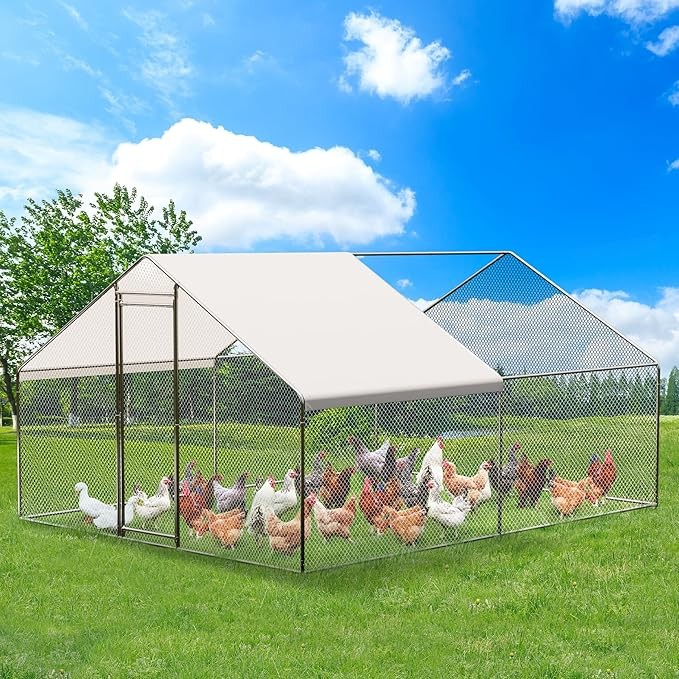 9.8x13.1x6.5 ft Metal Chicken Coop Walk-in Chicken Run with Cover Roof Outdoorr