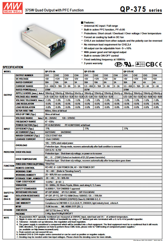 Mean Well QP-375-5E Quad Power Supply, Brand NEW!