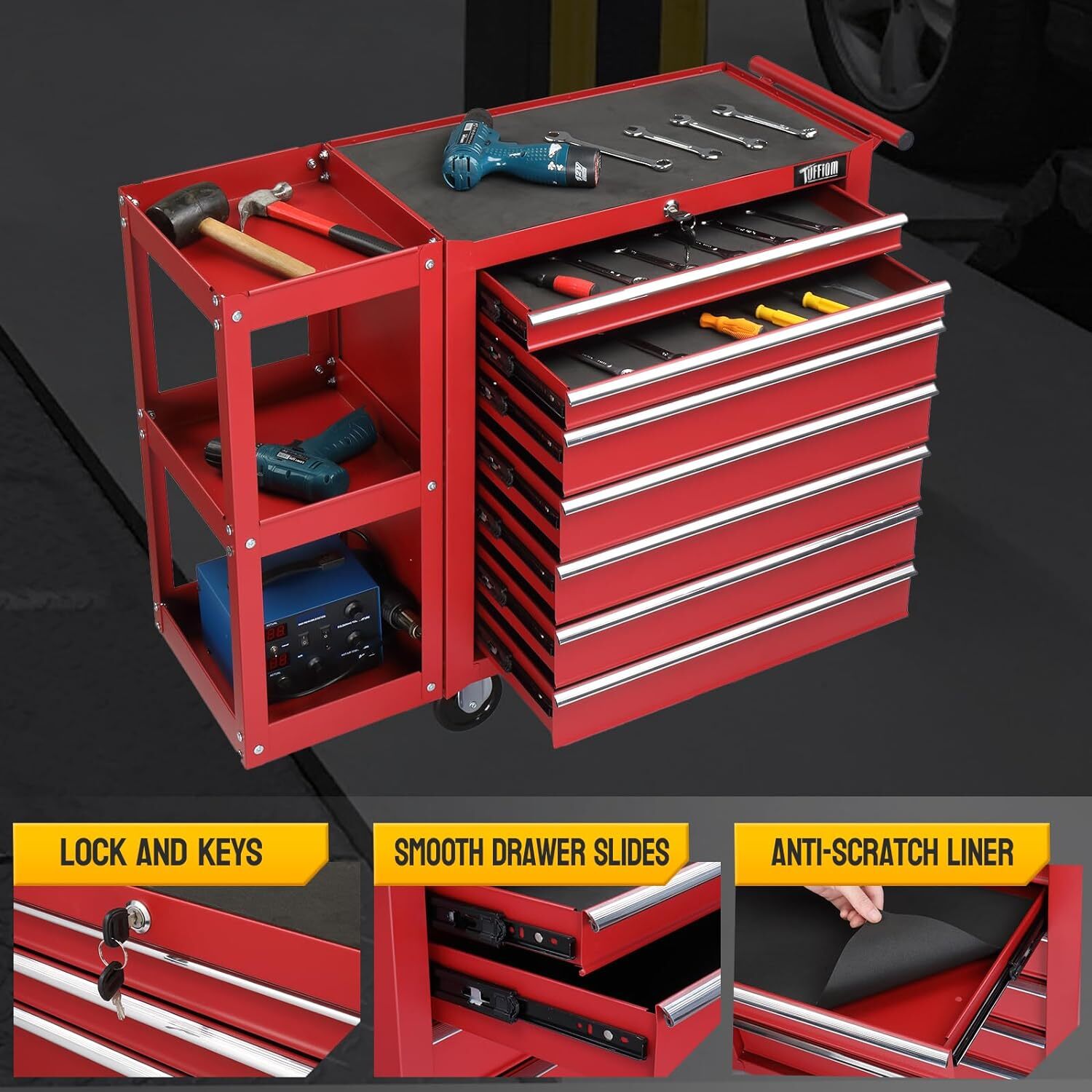 7-Drawer Rolling Tool Chest Tool Box Tool Cabinet with Lock & Key & Side Shelves