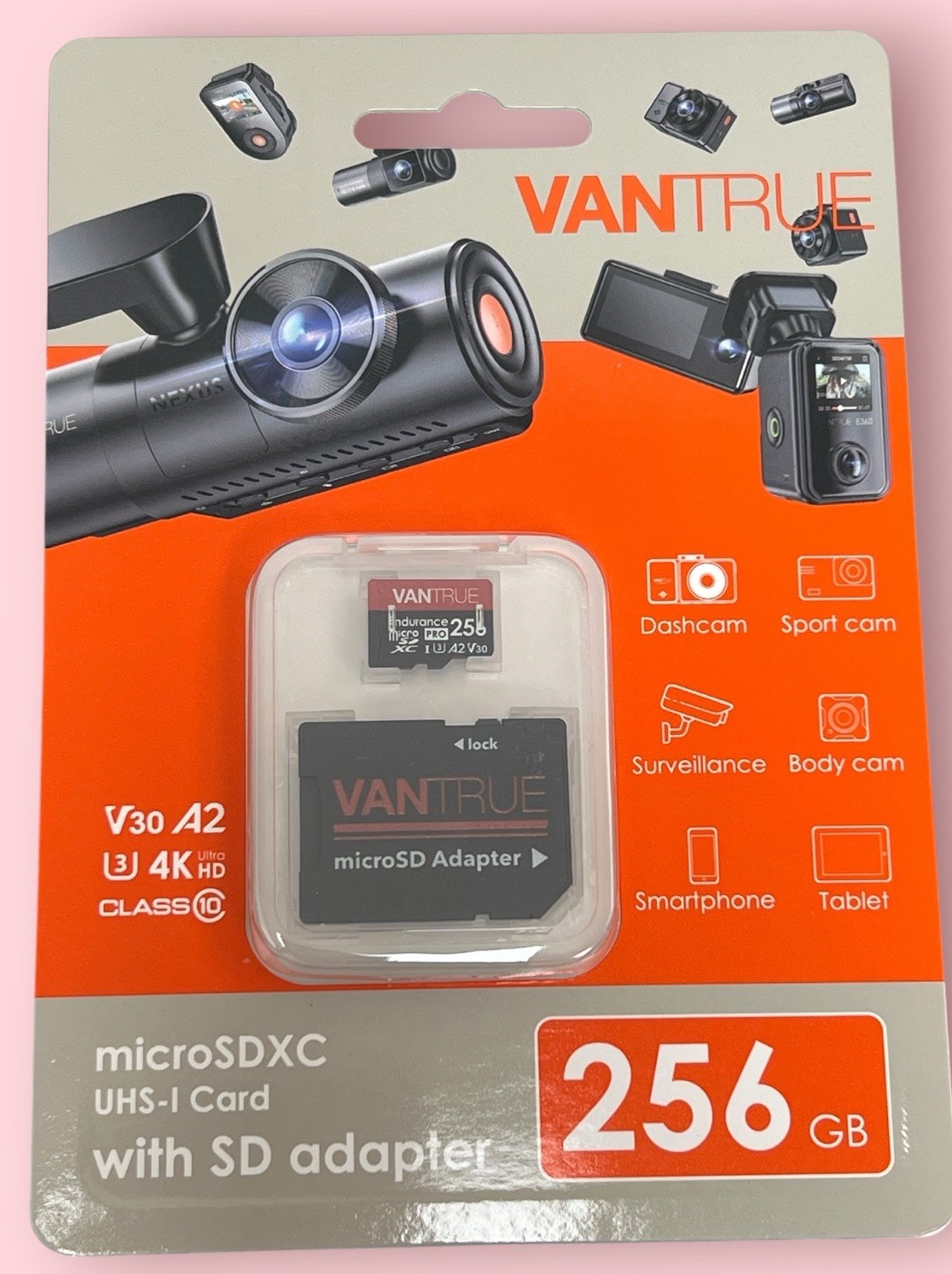 Vantrue 256GB MicroSDXC UHS-I U3 4K UHD Video High Speed Transfer Monitoring SD