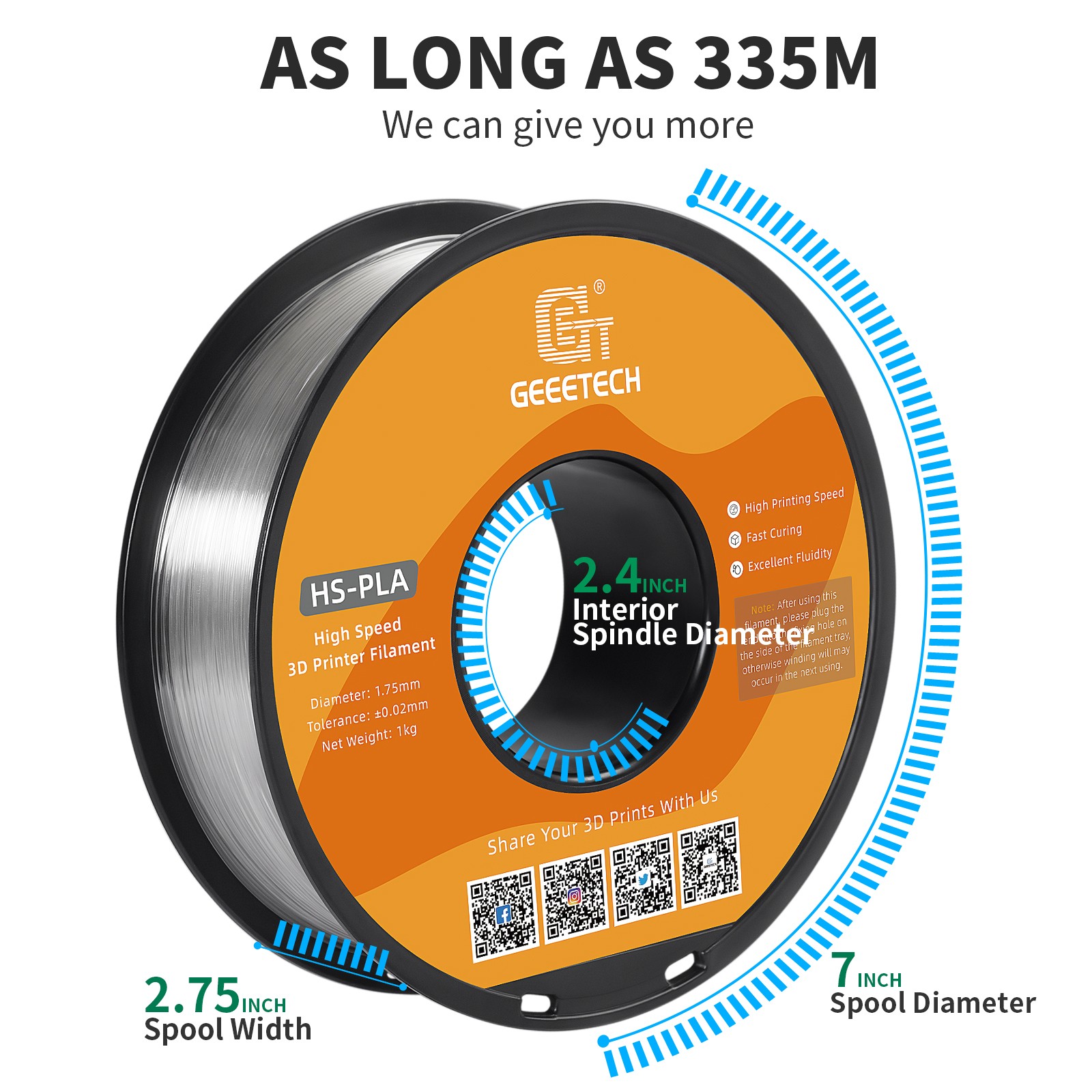 Geeetech 3D Printer Filament HS-PLA Transparent 1.75mm 1KG Printer Consumables