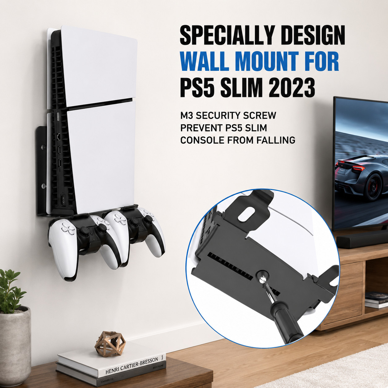 PS5 Slim Wall Mount Steel Bracket with Dual Controller Holders Disc Digital 2023