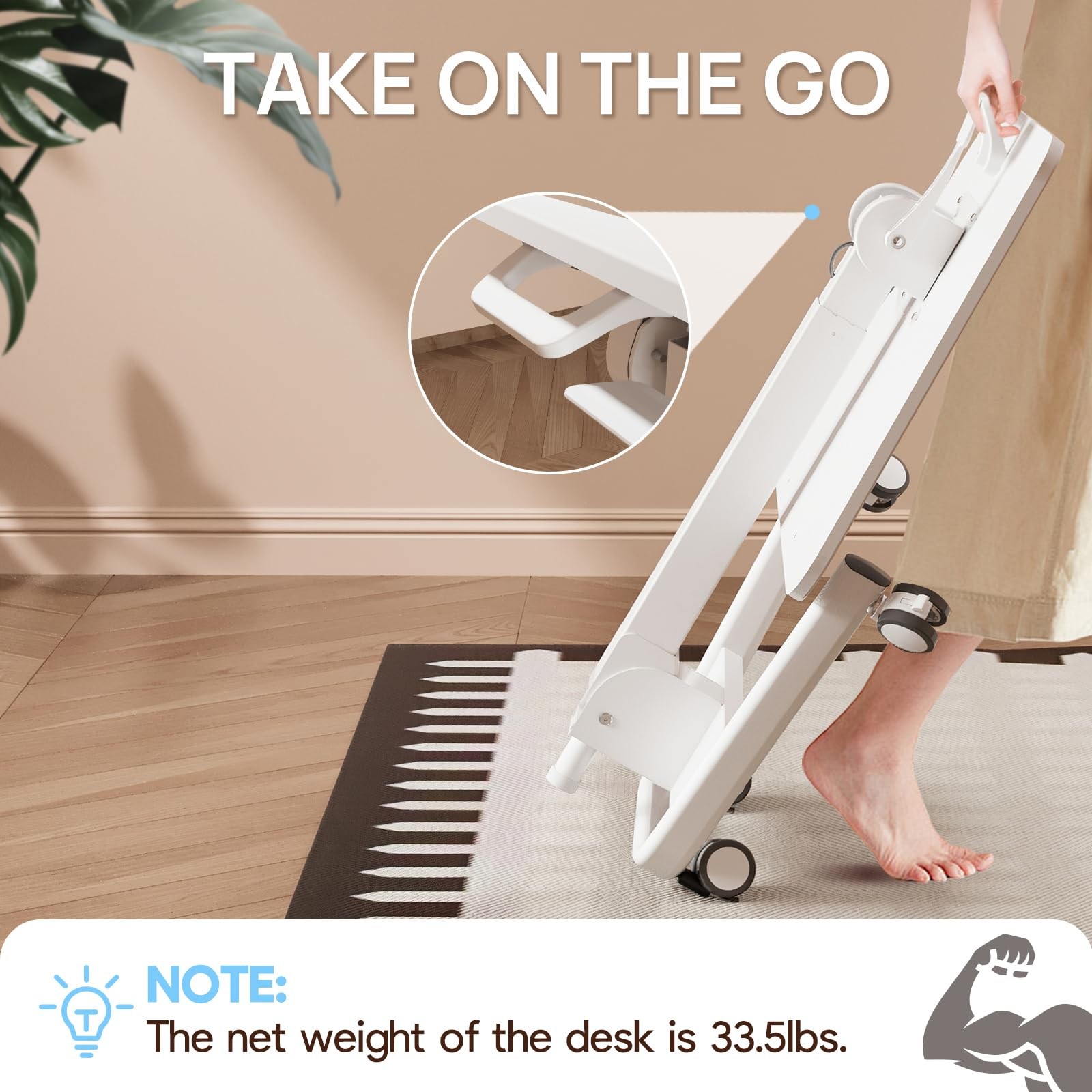 Foldable Mobile Standing Desk, Rolling Laptop Cart, White