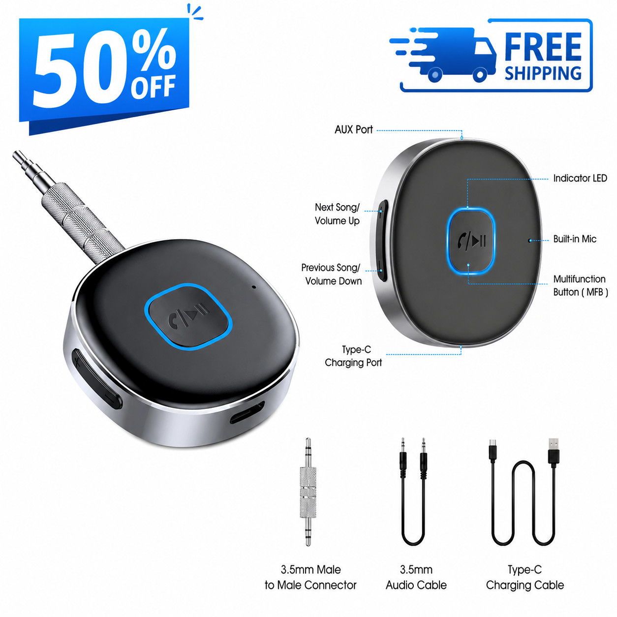 Portable 3.5mm Aux Car Adapter Bluetooth Wireless Audio Receiver Car/Home Stereo