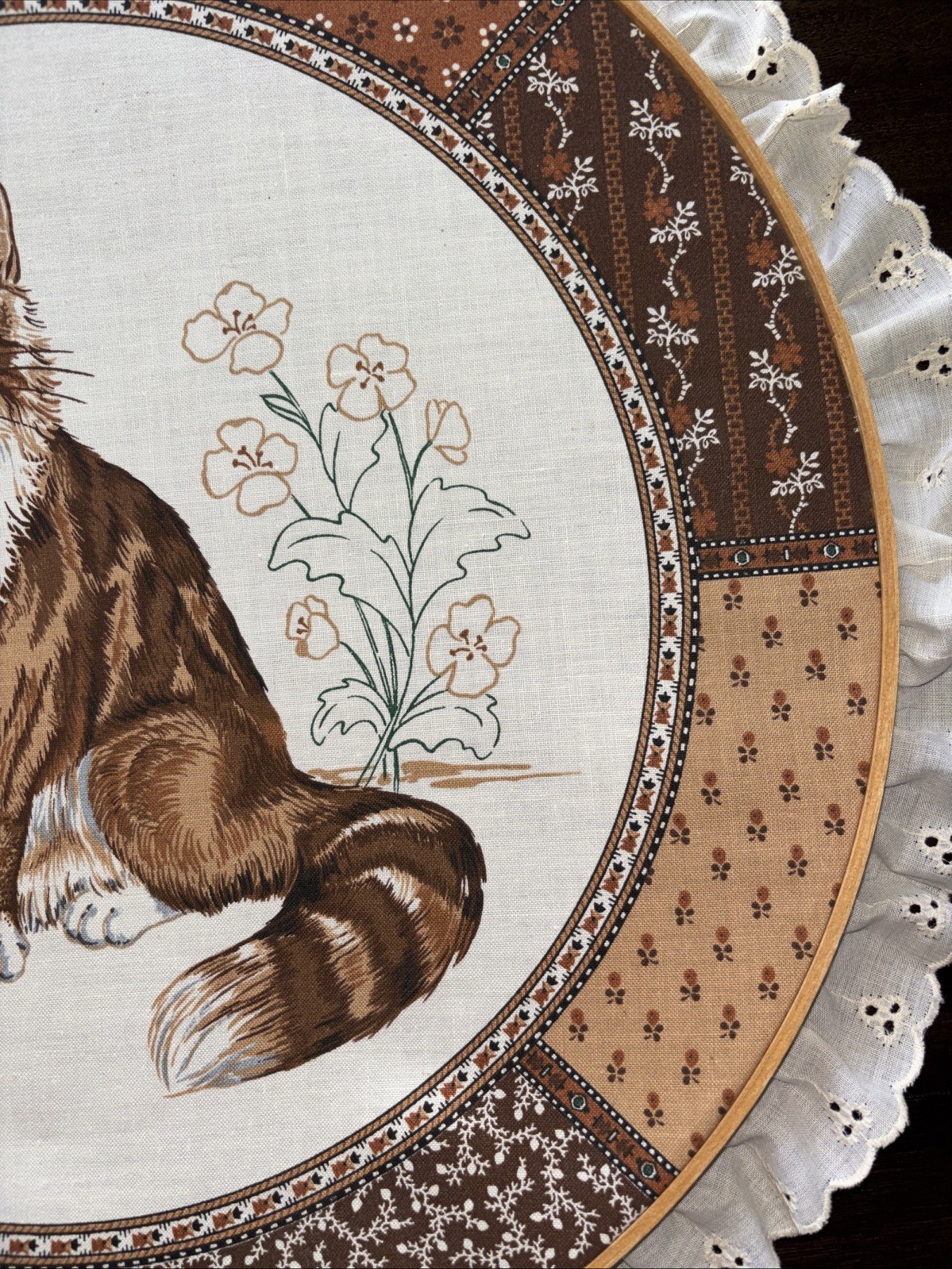 Vintage Large Embroidery Hoop Cranston Cat Print With Lace Trim. . 14.5 inches.