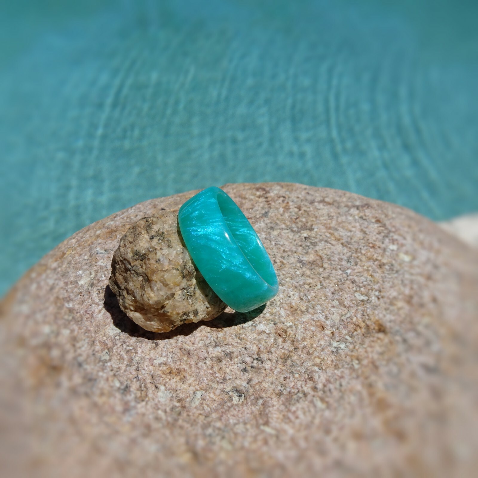 Sea Blue Pearl Acrylic Resin Ring - Turquoise Blue - Men's or Women's - Handmade