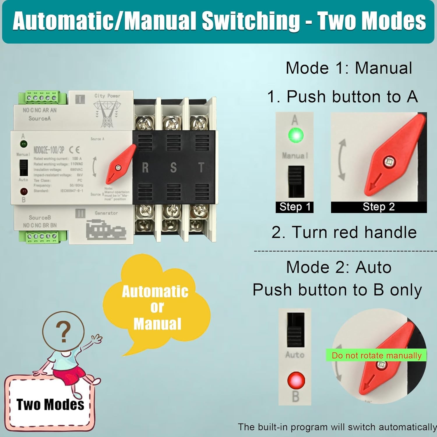 100 Amp 3 Pole Automatic Transfer Switch for Home Generator Use