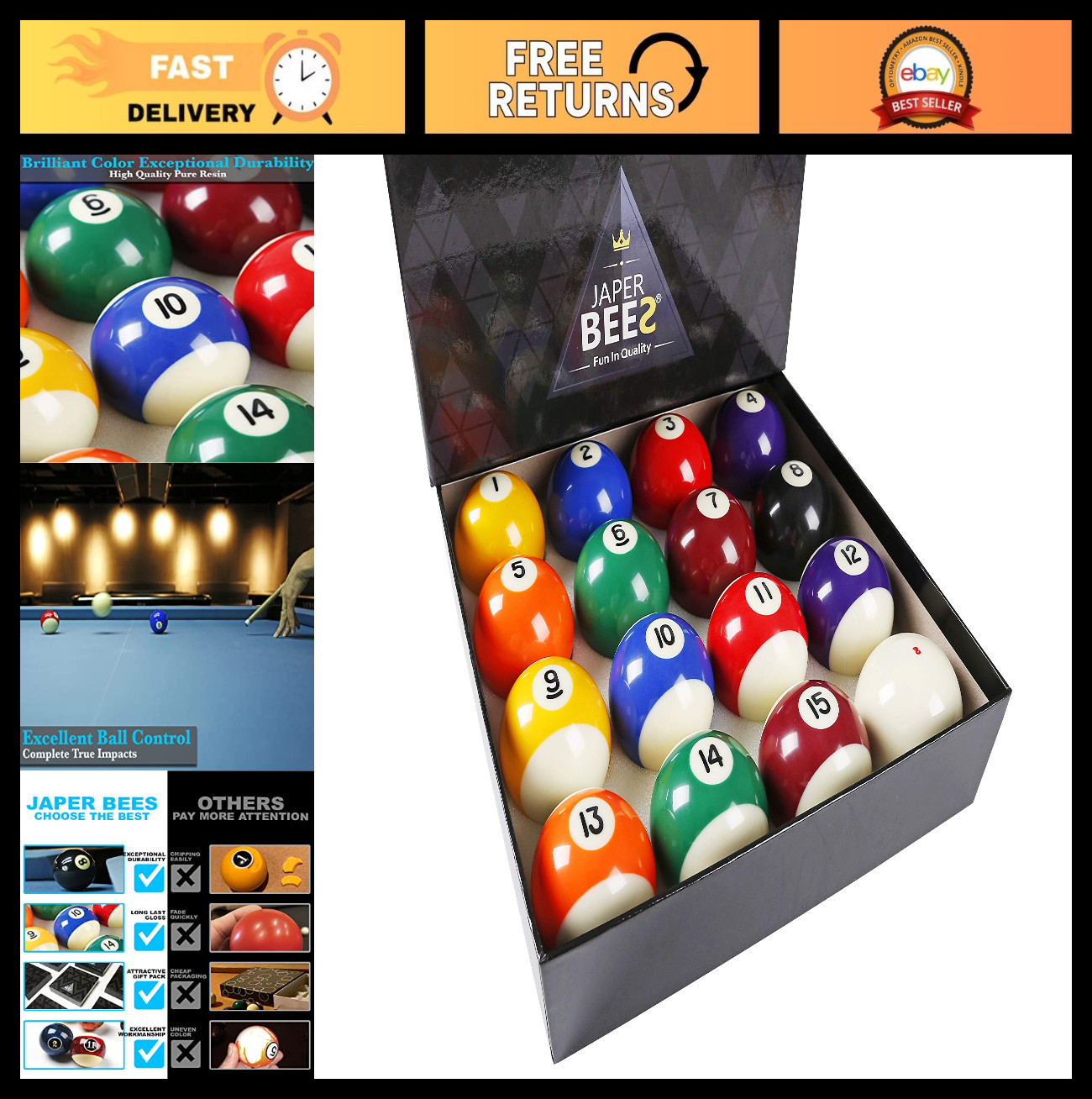 Complete 16-Piece Billiard Pool Ball Set - 2-1/4" Regulation Resin Balls