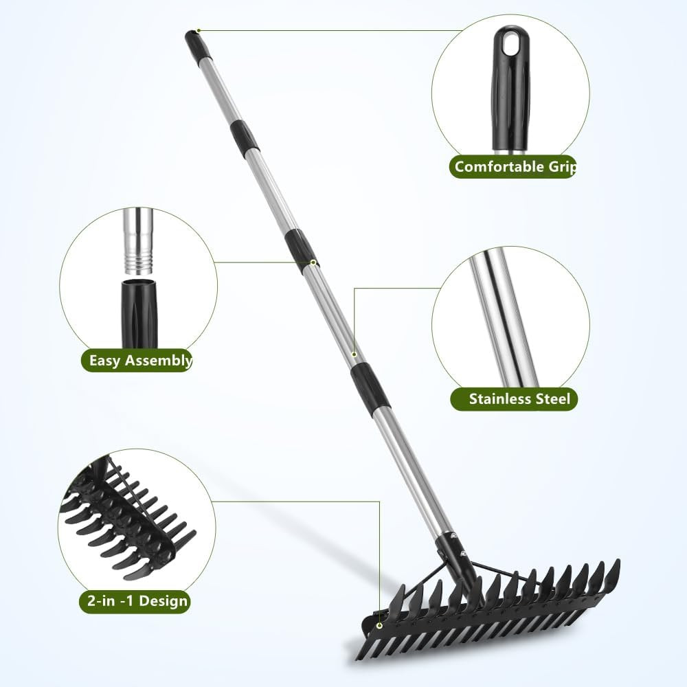 Thatch Rake - 63 Inch Dethatcher Rake with Upgraded Dual-Action Tines, Adjustabl