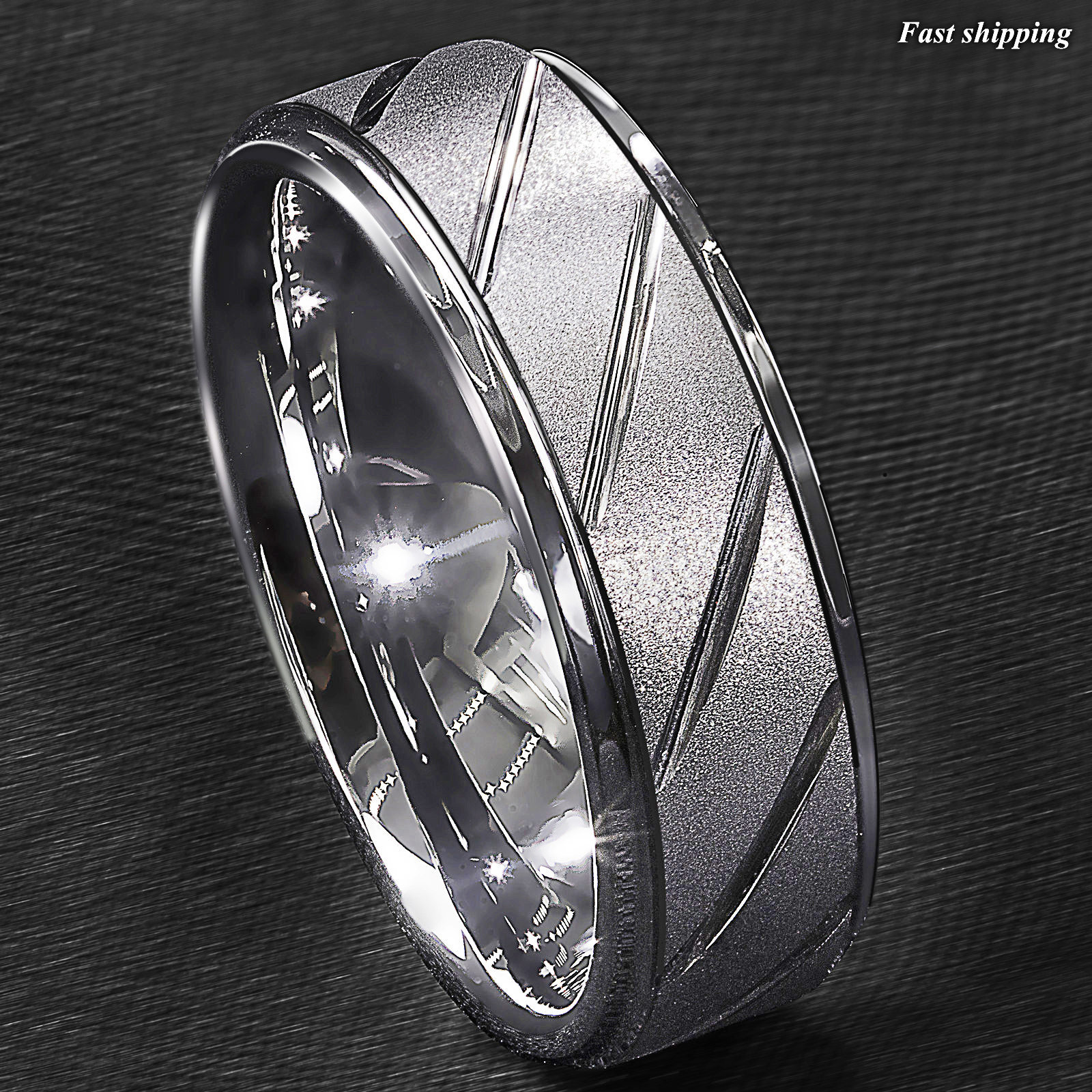 8/6mm Silver Tungsten Ring Sandblasted Finish Groove Wedding Band ATOP Jewelry