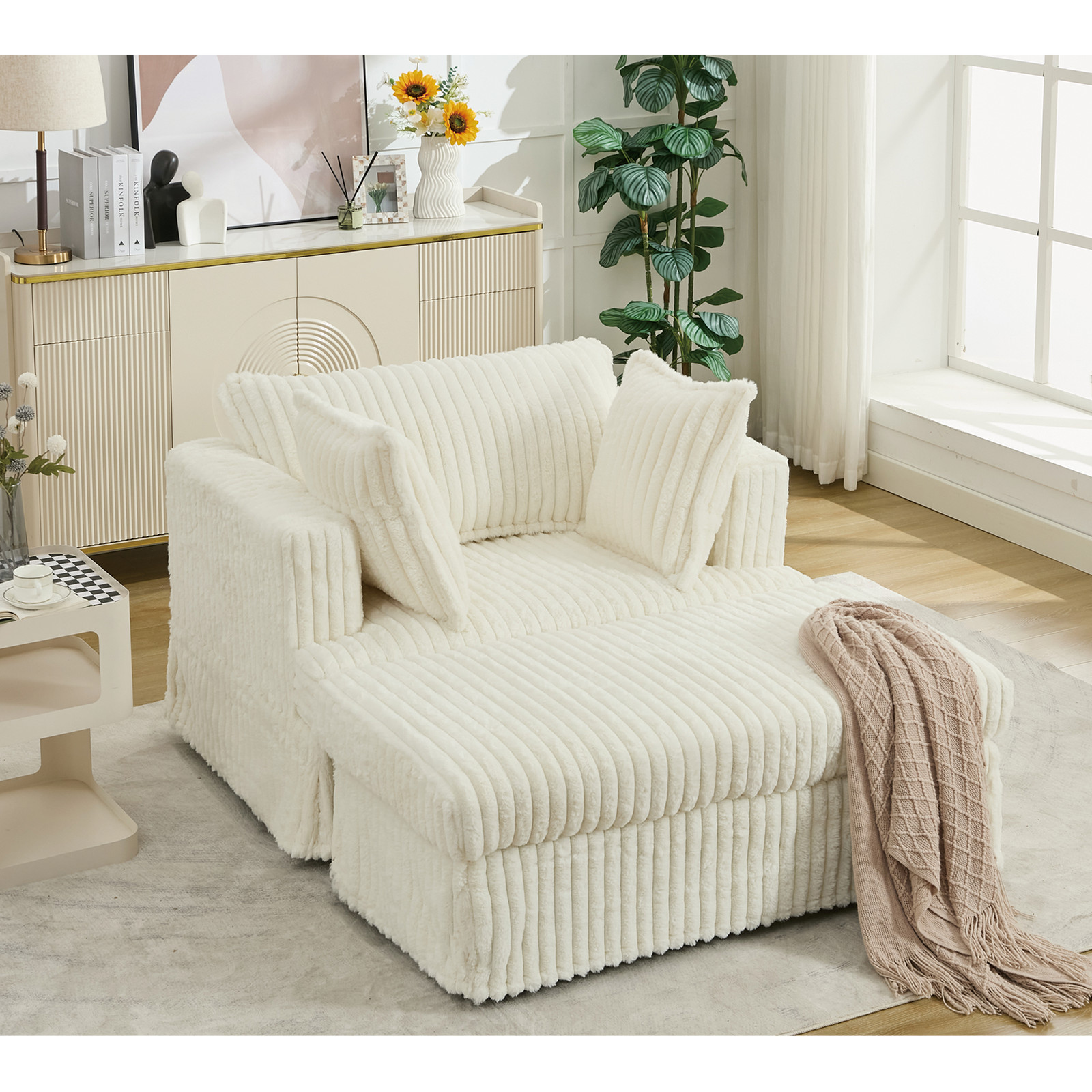 47.7'' Oversized Sofa Corduroy Upholstered Couch Sofa W/Ottoman Foot Stool Beige