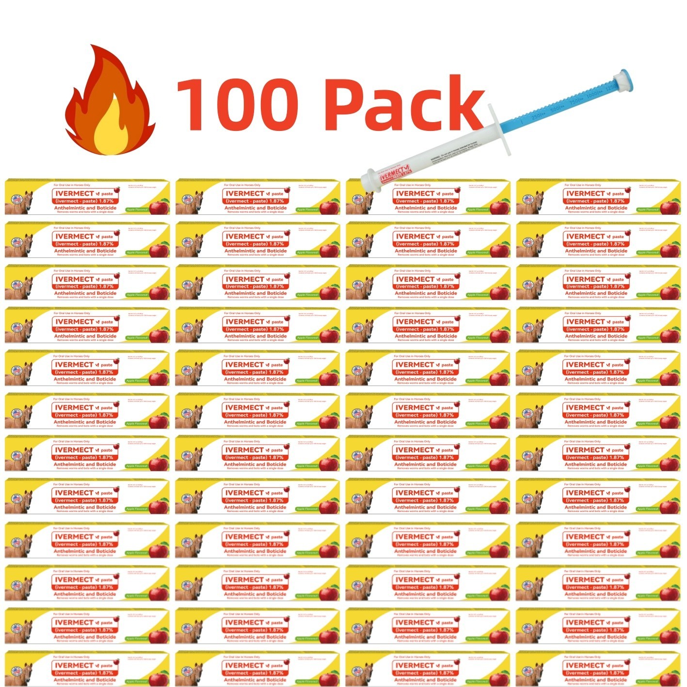 100 Pack Box Horse Wormer Apple Flavor Dewormer Paste New Exp 01/2028