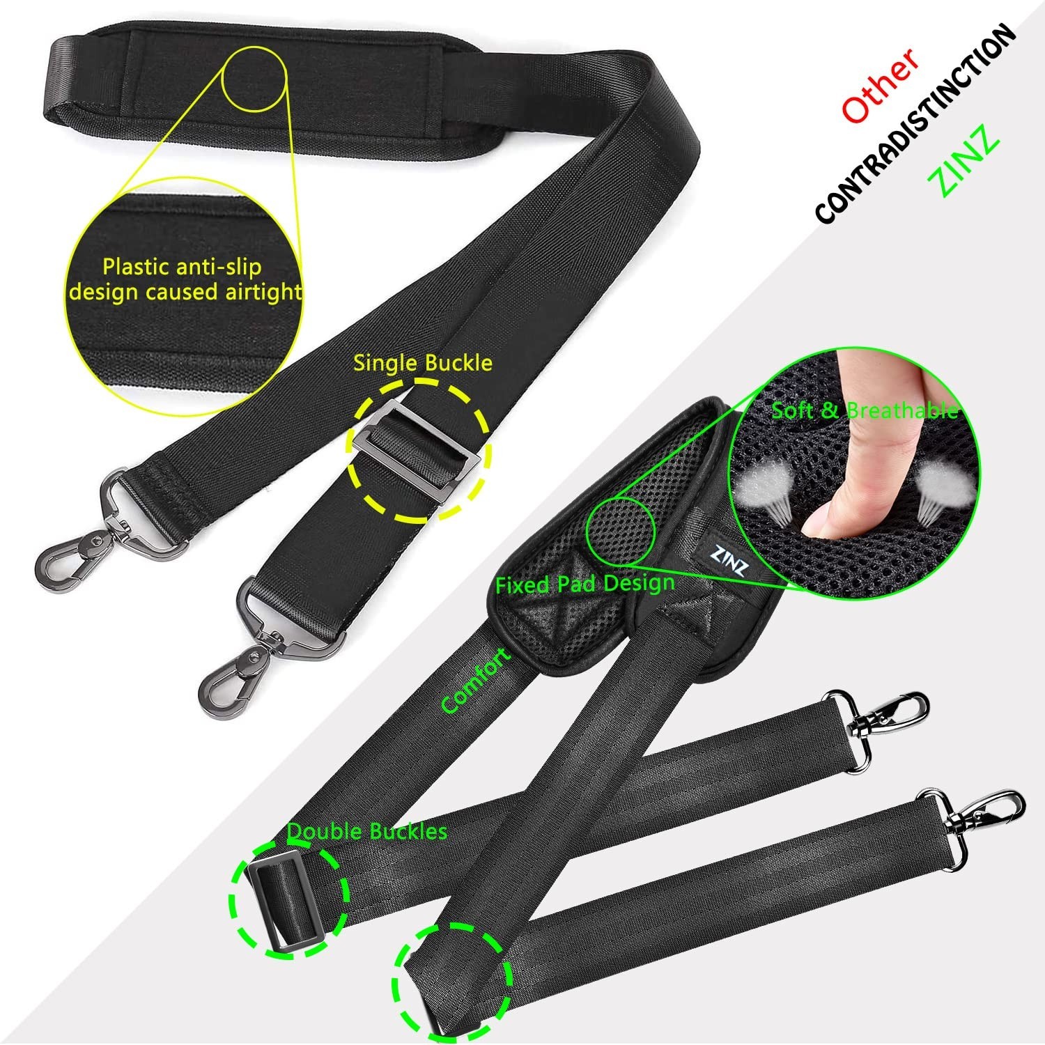 ZINZ Shoulder Strap 58" Ultra-Thick Fixed Padded and Adjustable Buckles Cross...