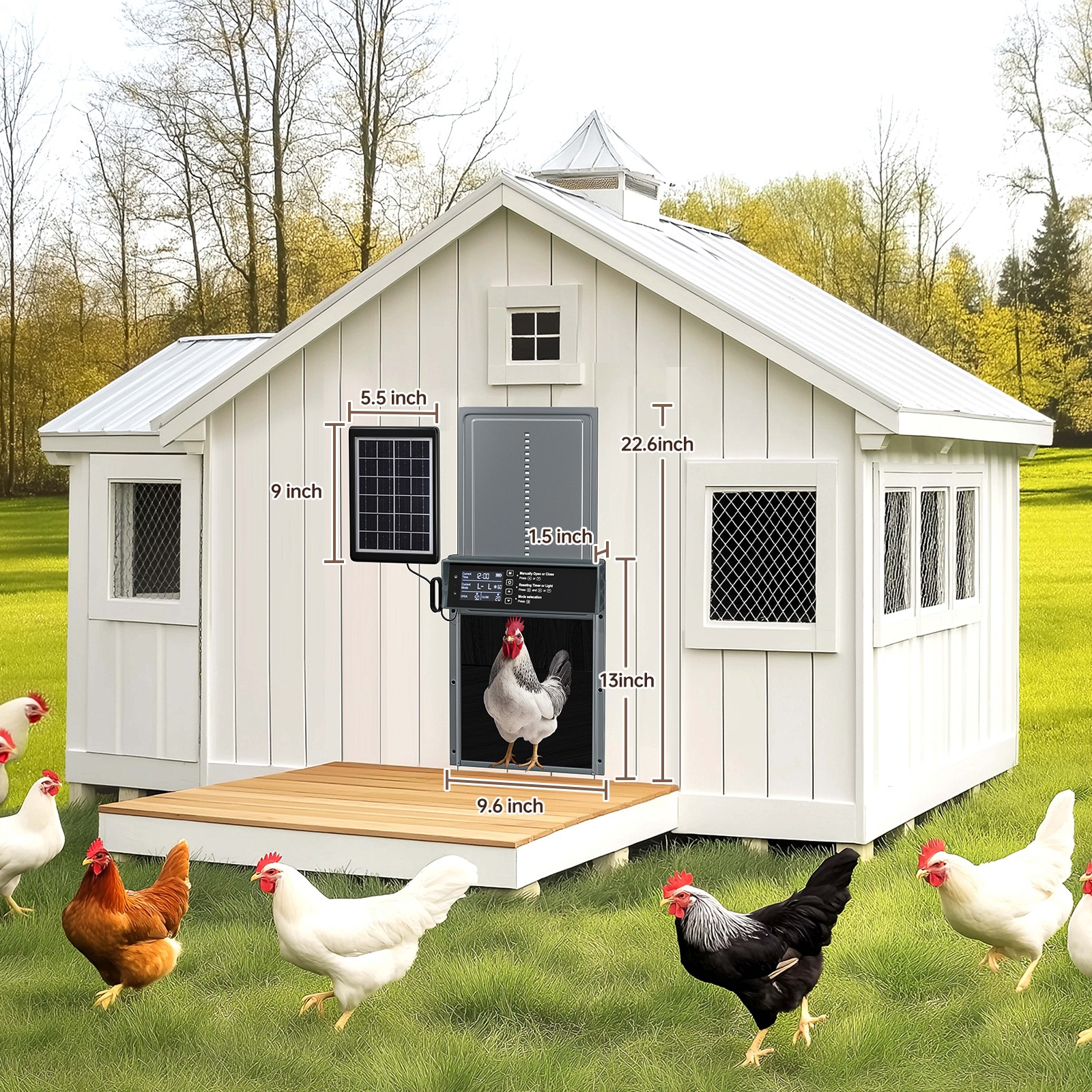 Gray Automatic Chicken Coop Door Solar Powered w/ Timer/Anti-Pinch/Light Sensor