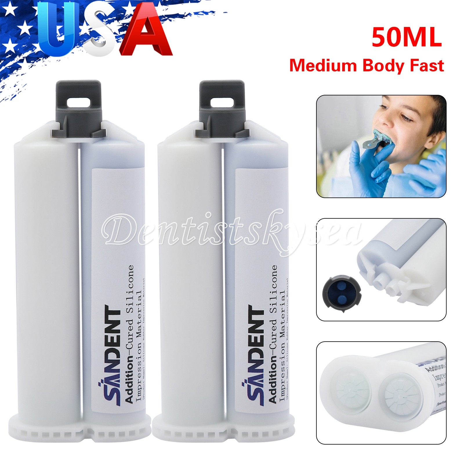 2*Elastomeric Impression Putty Silicone Material MEDIUM Body 50ML 5*Tips Dental