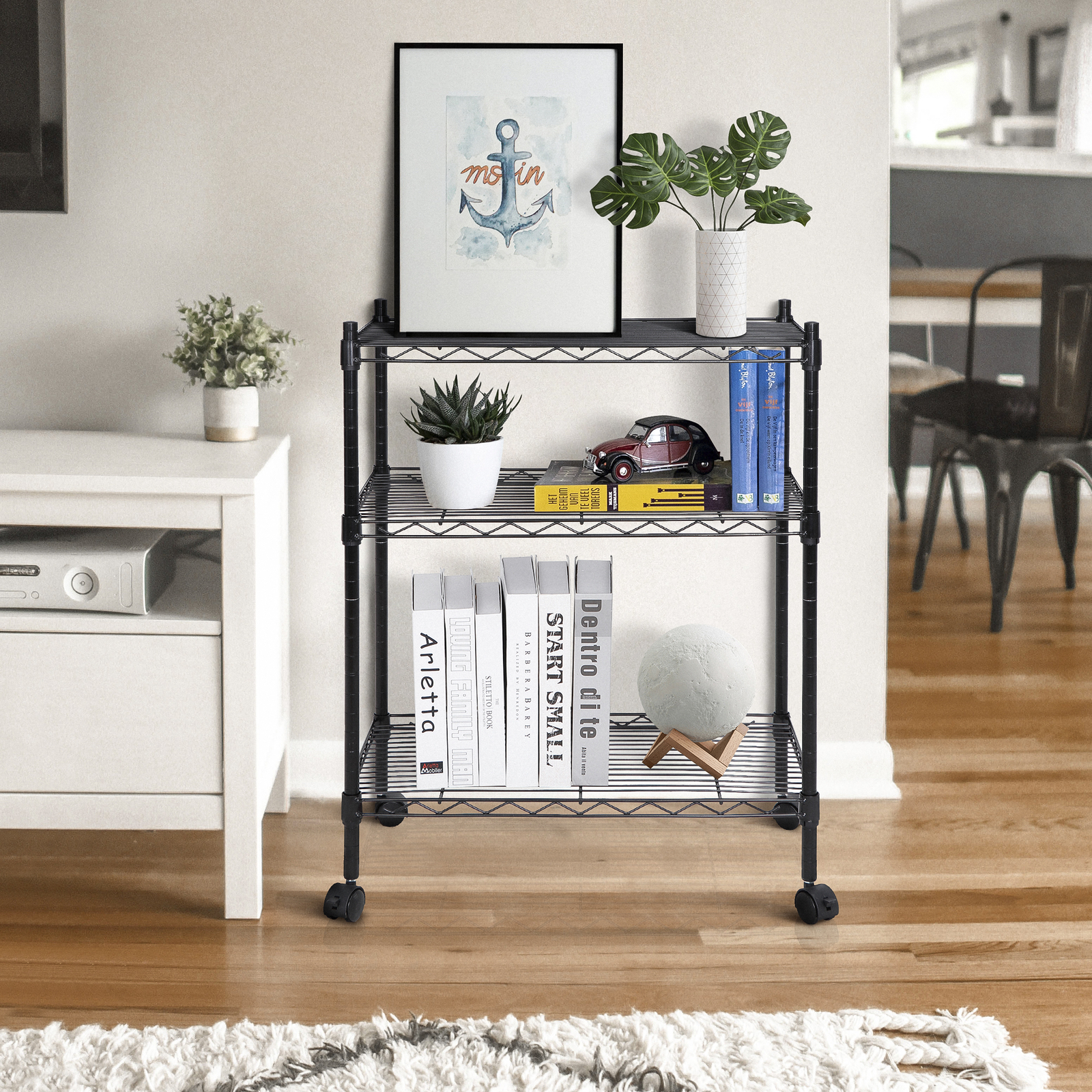 Unit Shelving Metal 3 Tier Wire Rack Organizer Adjustable Shelve with 4 Wheels