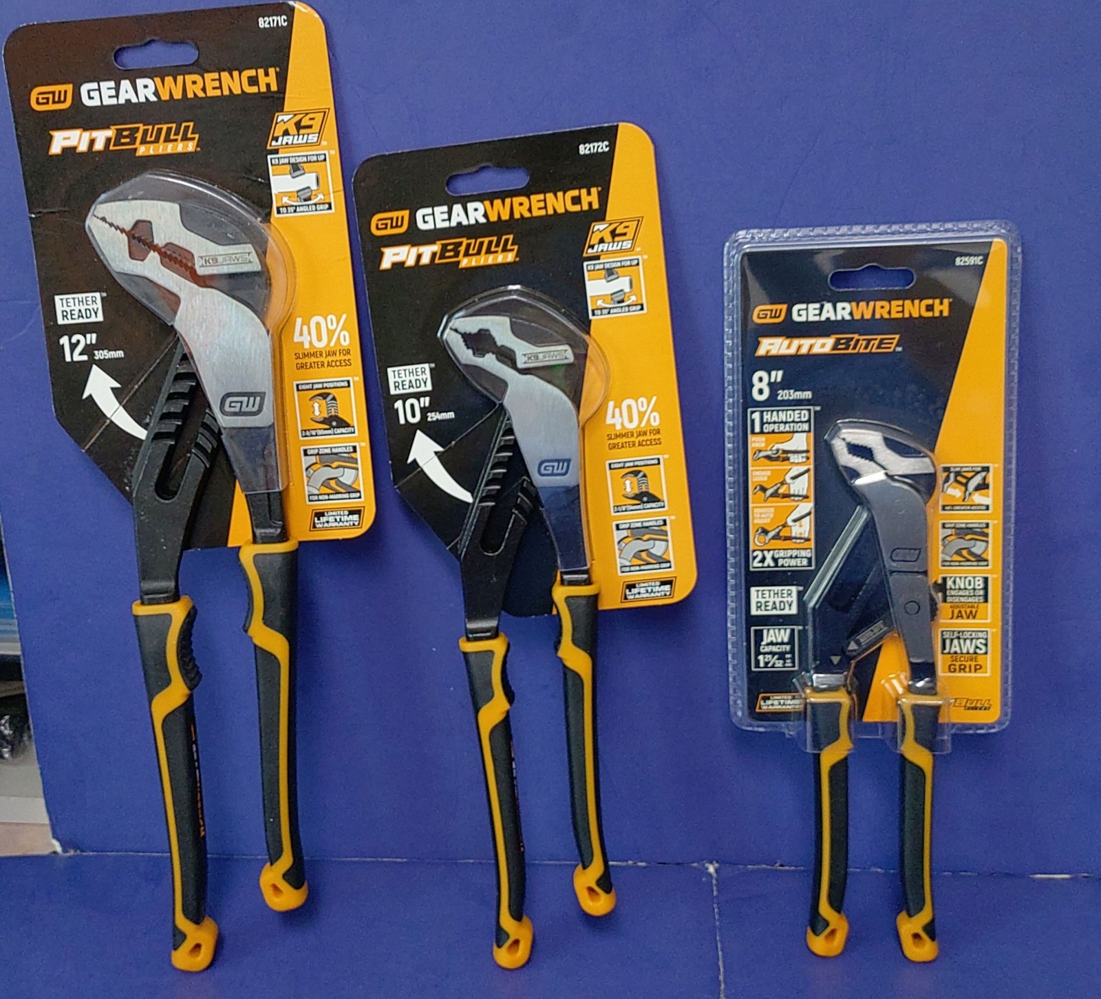 Gearwrench Pit Bull Auto Bite Straight Jaw Pliers 12' 10" & 8" New Sealed