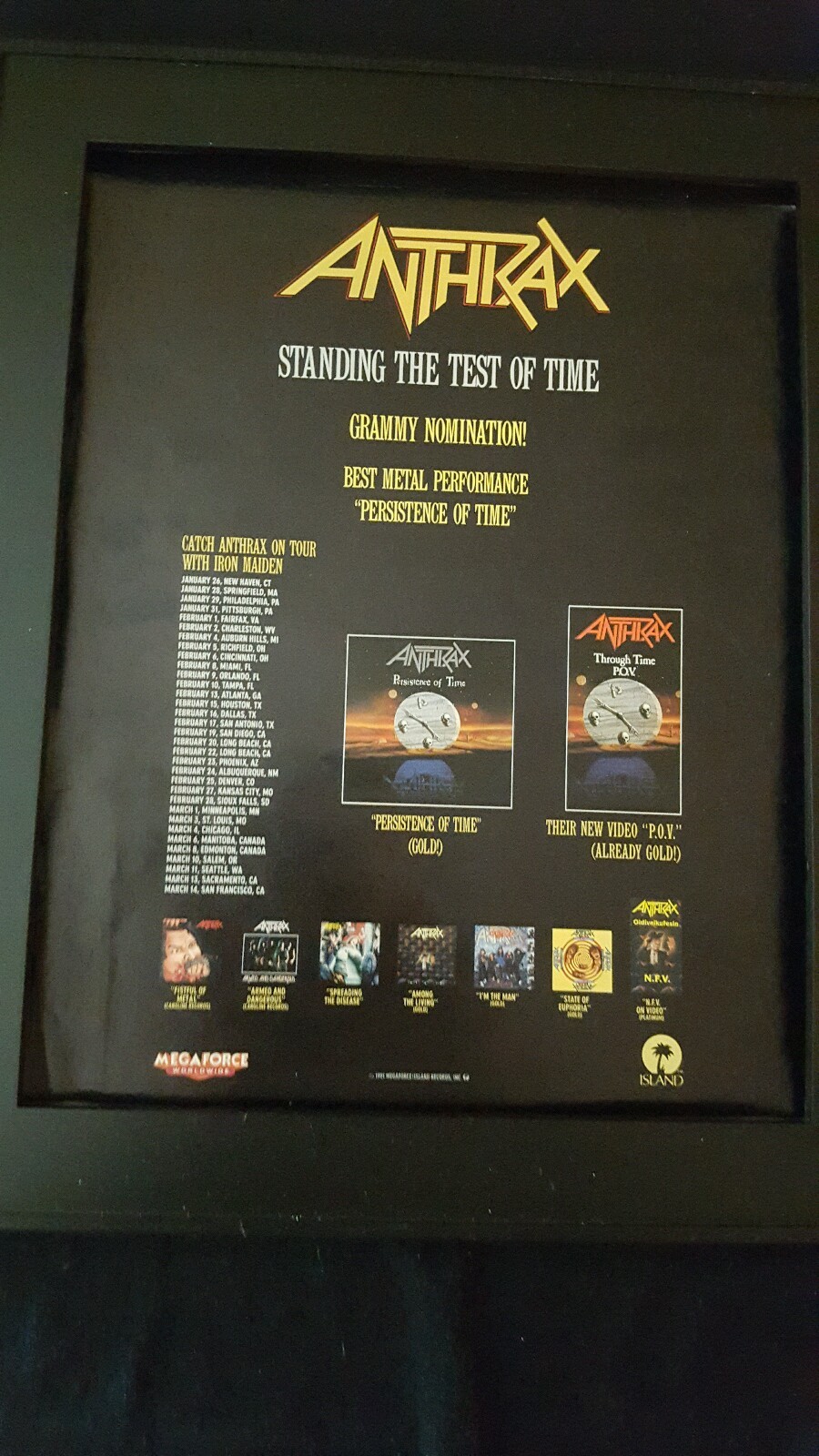 Anthrax Persistence Of Time Rare Original Grammy Promo Poster Ad Framed!