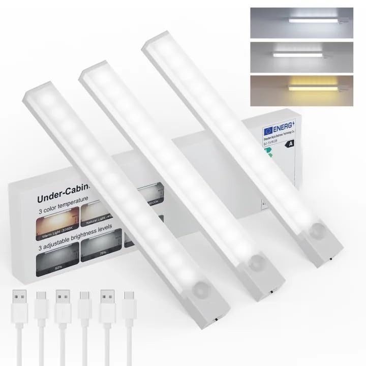 Under Cabinet Lighting 8 Inches Rechargeable Motion Sensor 8inch-3pack, White