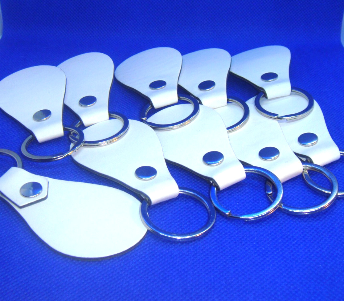#10 Ten " WHITE " PU Leather Key Fob Blank KEY RING DIY Laser Engraving-WRITE OK