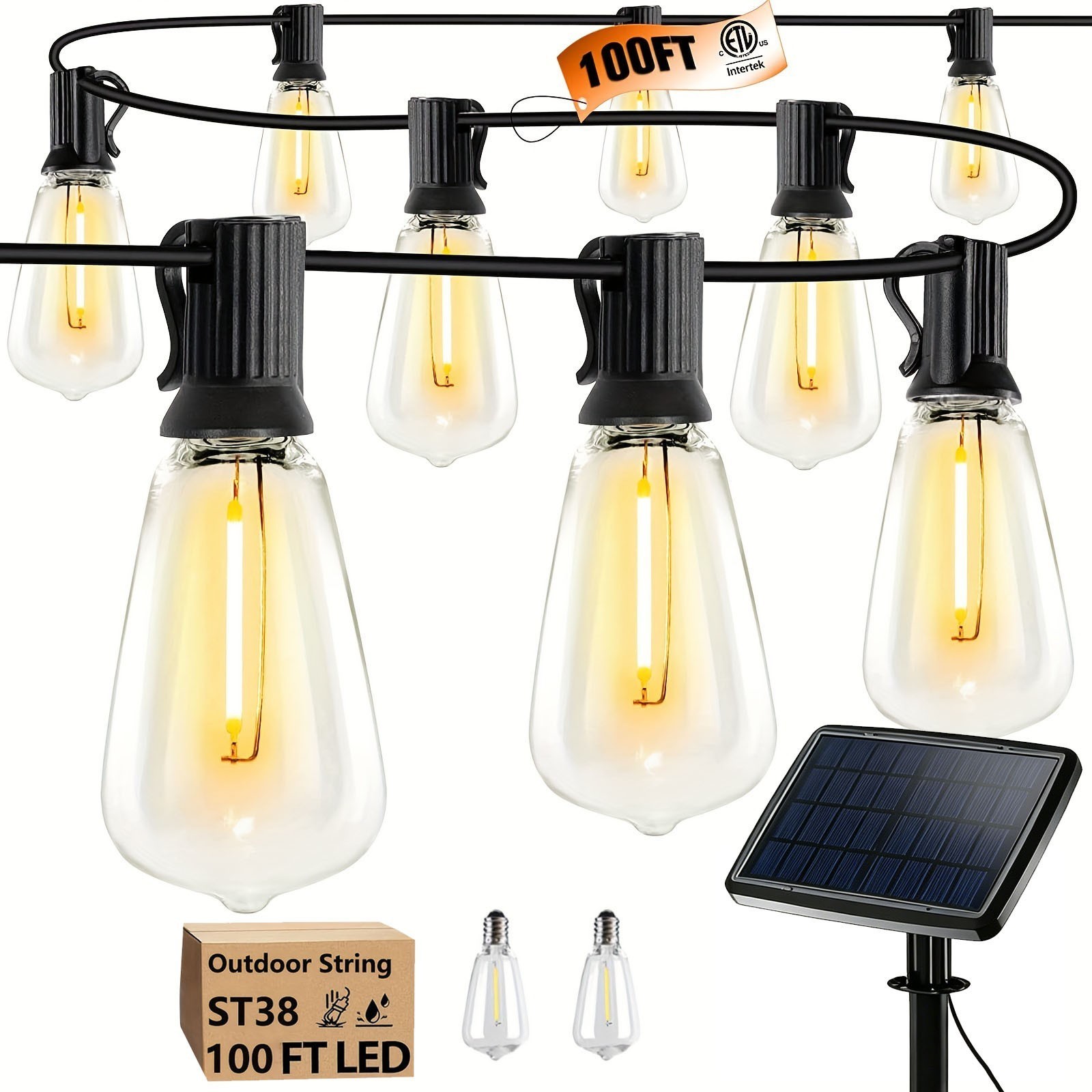 100FT Solar String Lights Outdoor Waterproof Patio w Remote Control 32 ST38 Bulb