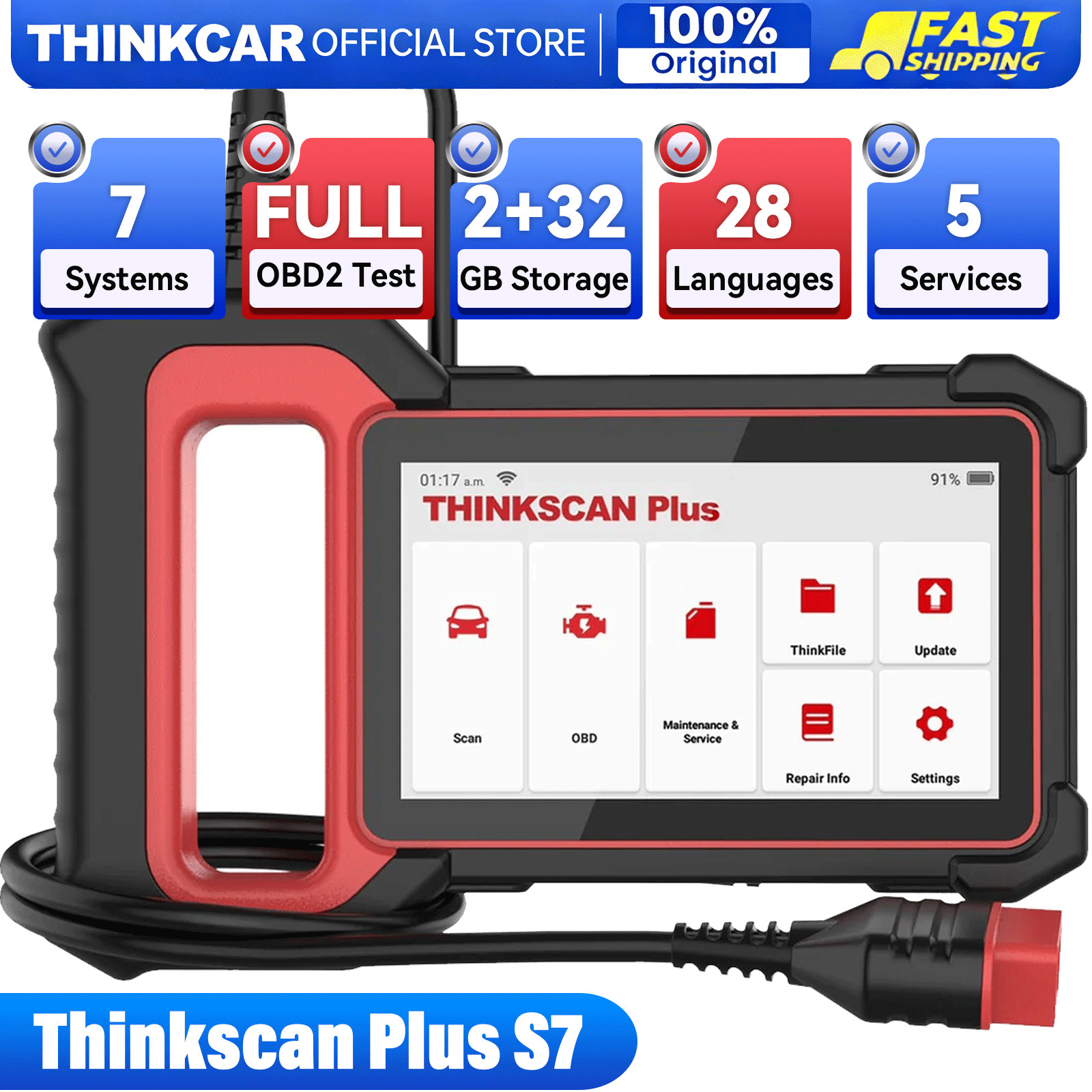 ThinkScan Plus S7 Car Diagnostic Tool OBD2 Scanner Code Reader ABS SRS Engine